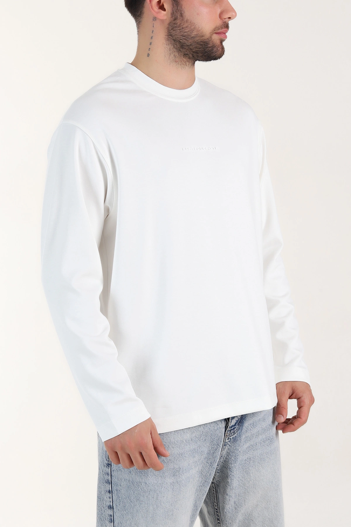 Beyaz Bisiklet Yaka Yazı Detaylı Erkek Sweatshirt 409096