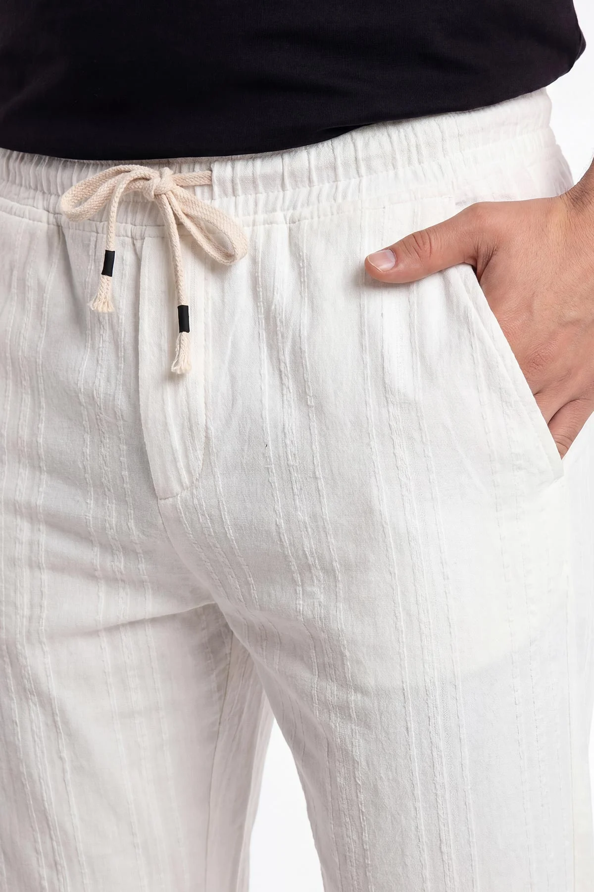 Beyaz Boyfriend Ham Keten Belden Bağlamalı Erkek Pantolon 459597