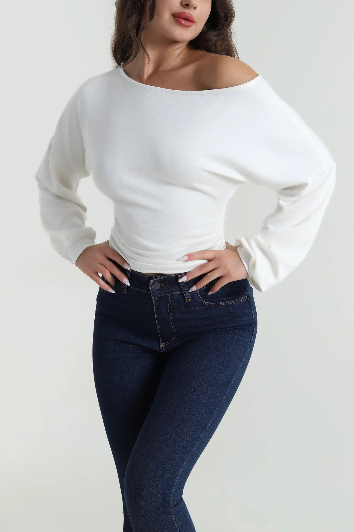 Beyaz Büzgülü Modal Kadın Bluz 484965
