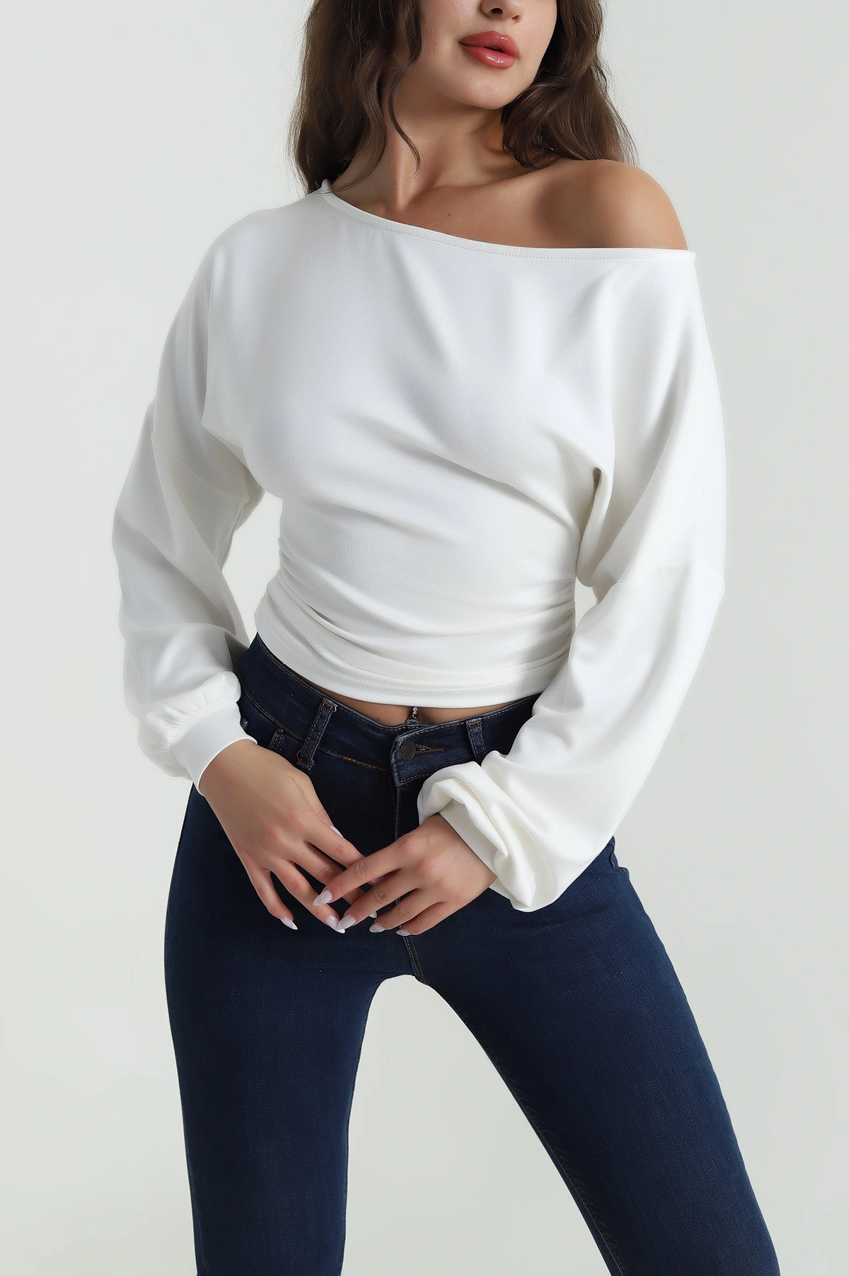 Beyaz Büzgülü Modal Kadın Bluz 484965