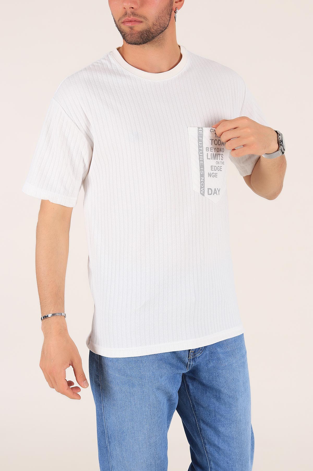 Beyaz Cep Baskılı Dokulu Oversize Erkek Tişört 177507