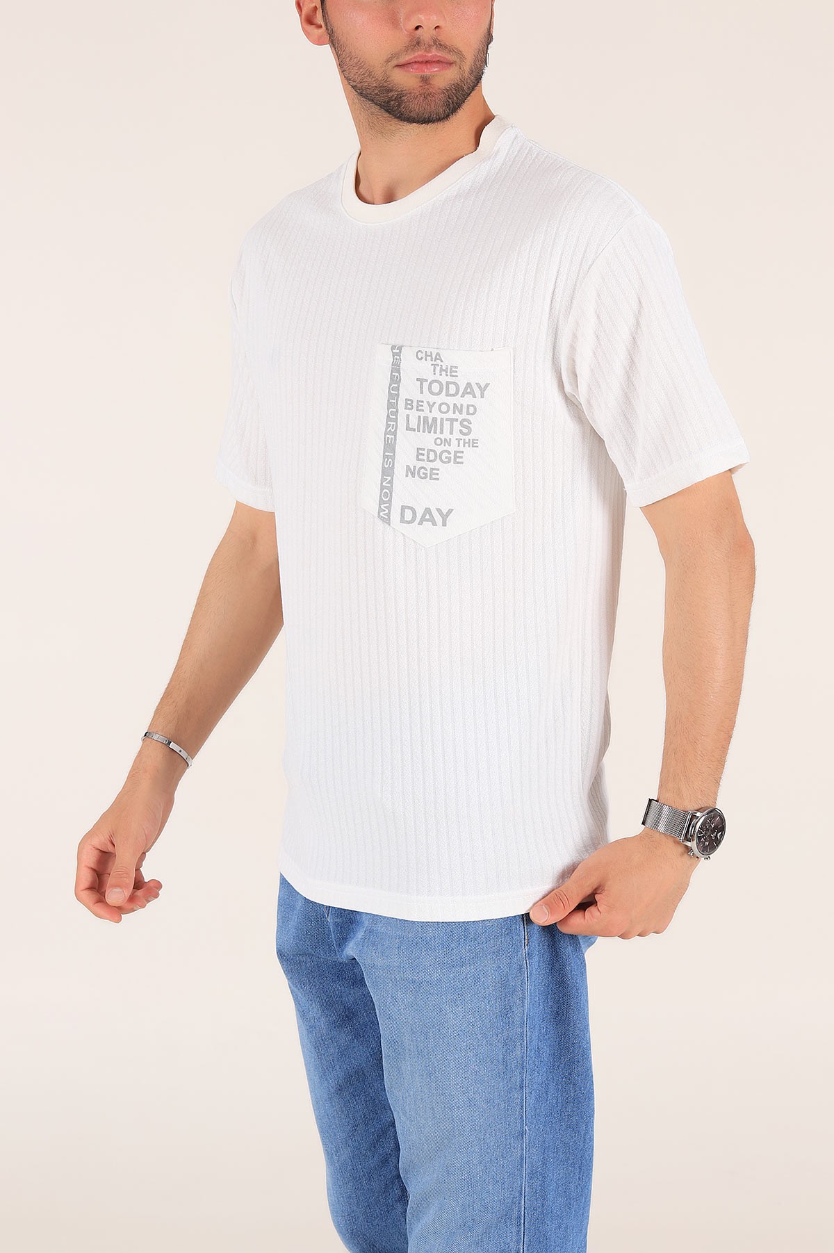 Beyaz Cep Baskılı Dokulu Oversize Erkek Tişört 177507