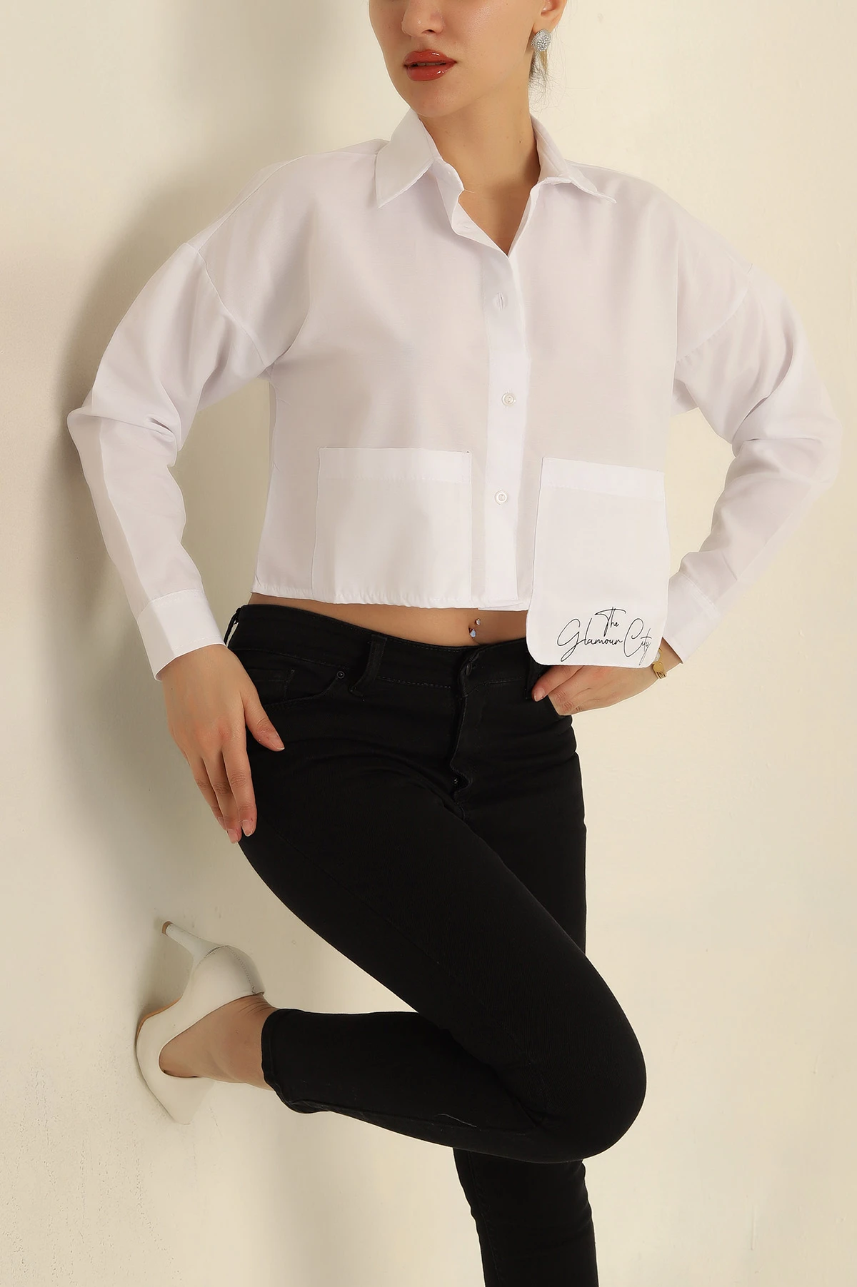 Beyaz Cepli Baskılı Poplin Bayan Gömlek 267517