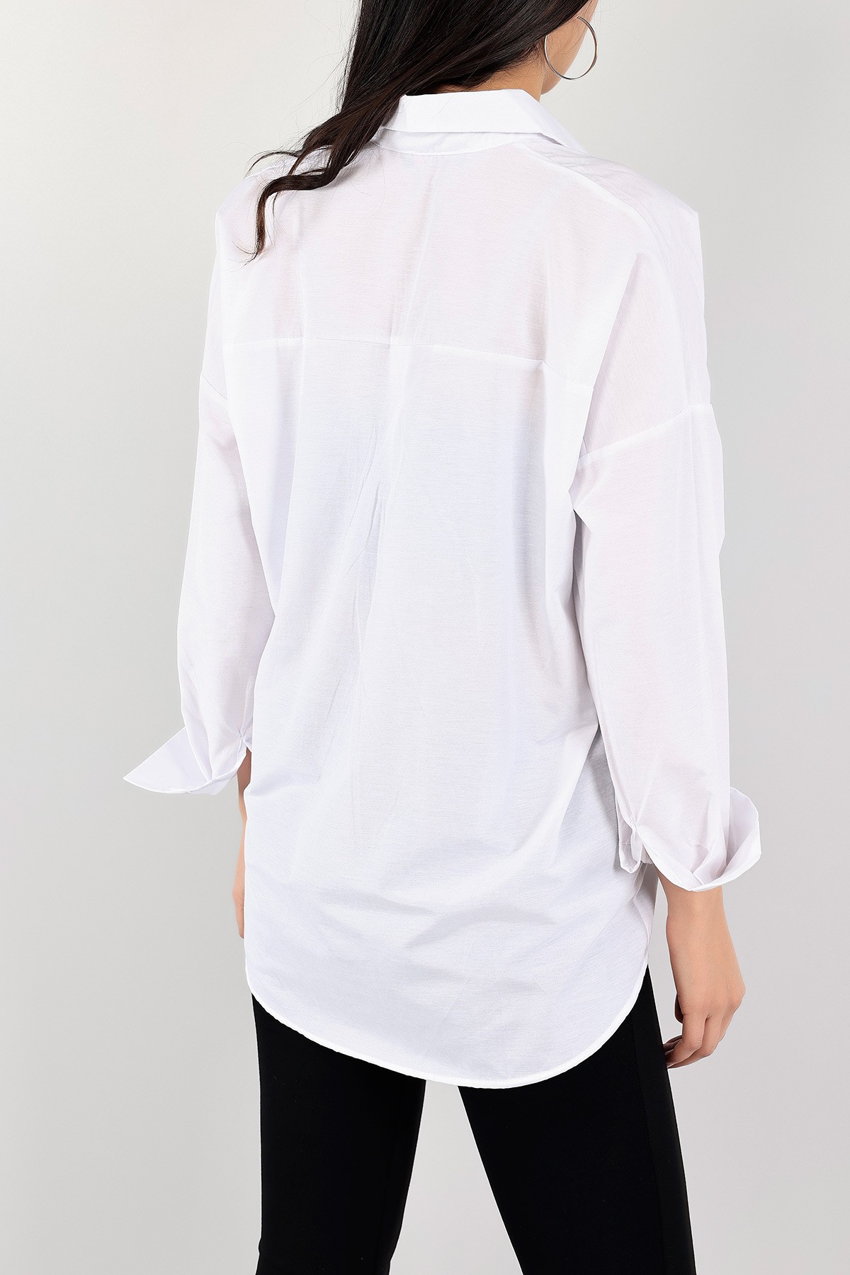 Beyaz Cepli Çizgili Poplin Bayan Gömlek Tunik 109725