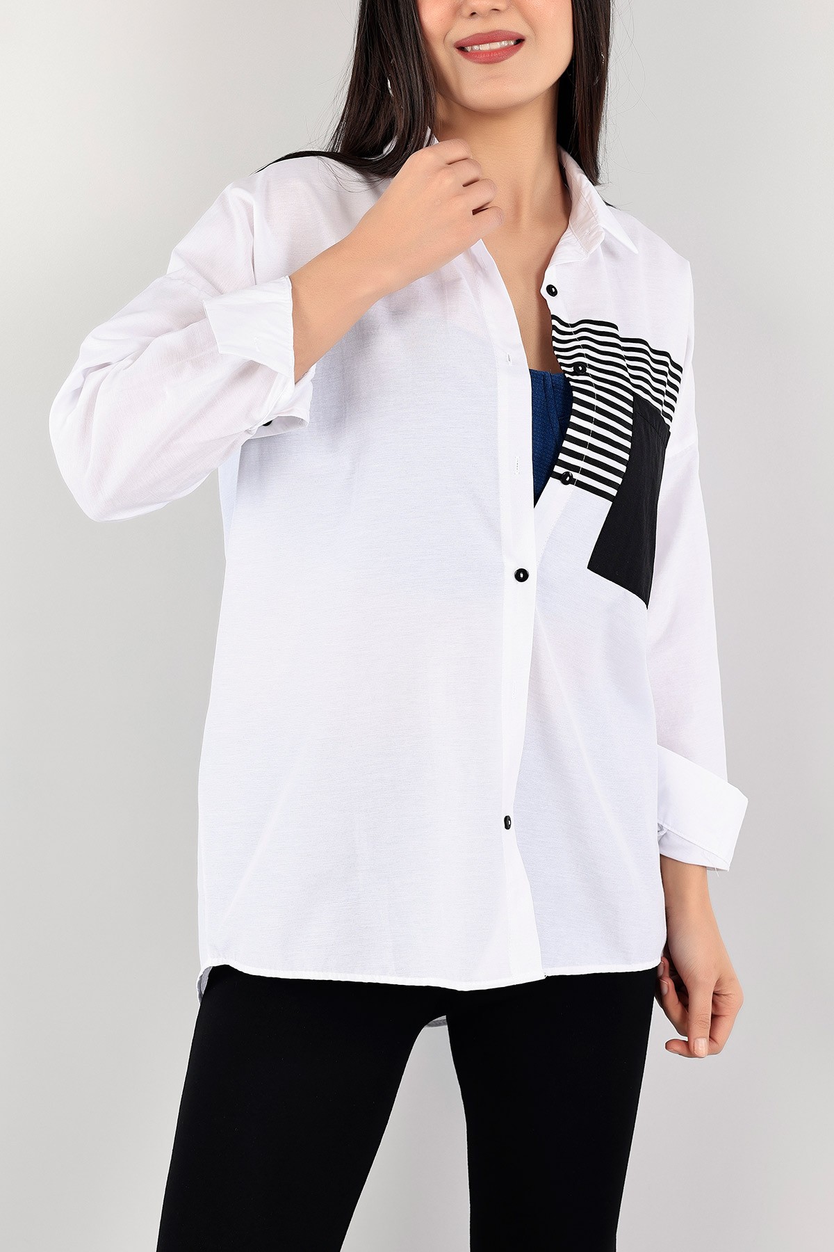 Beyaz Cepli Çizgili Poplin Bayan Gömlek Tunik 109725