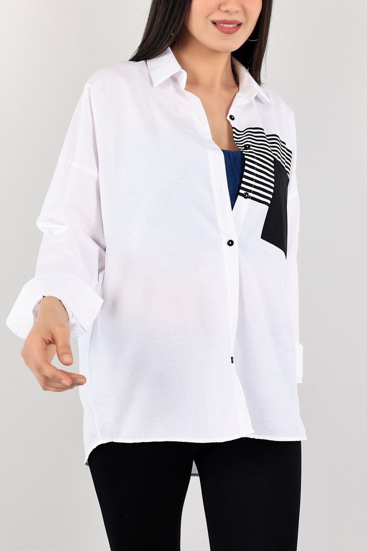 Beyaz Cepli Çizgili Poplin Bayan Gömlek Tunik 109725