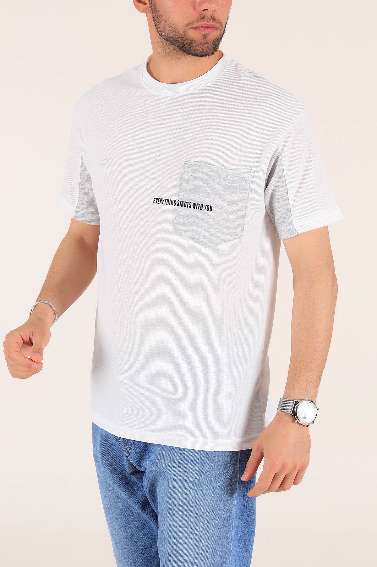 Beyaz Cepli Dokulu Oversize Erkek Tişört 177457