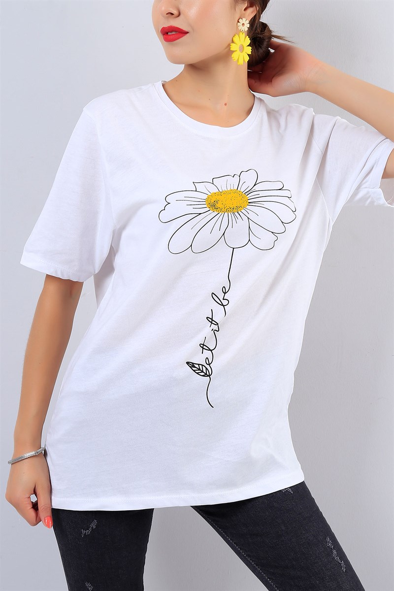 Beyaz Çiçek Baskılı Tişört 16647B
