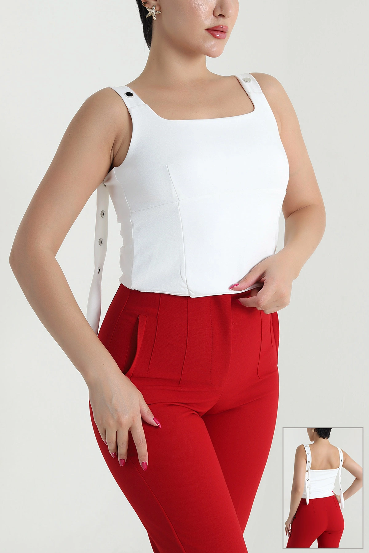 Beyaz Çıtçıtlı Çift Katlı Oysho Kadın Bluz 475741