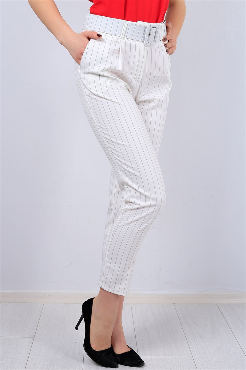Beyaz Çizgili Bayan Kumaş Pantolon 12346B