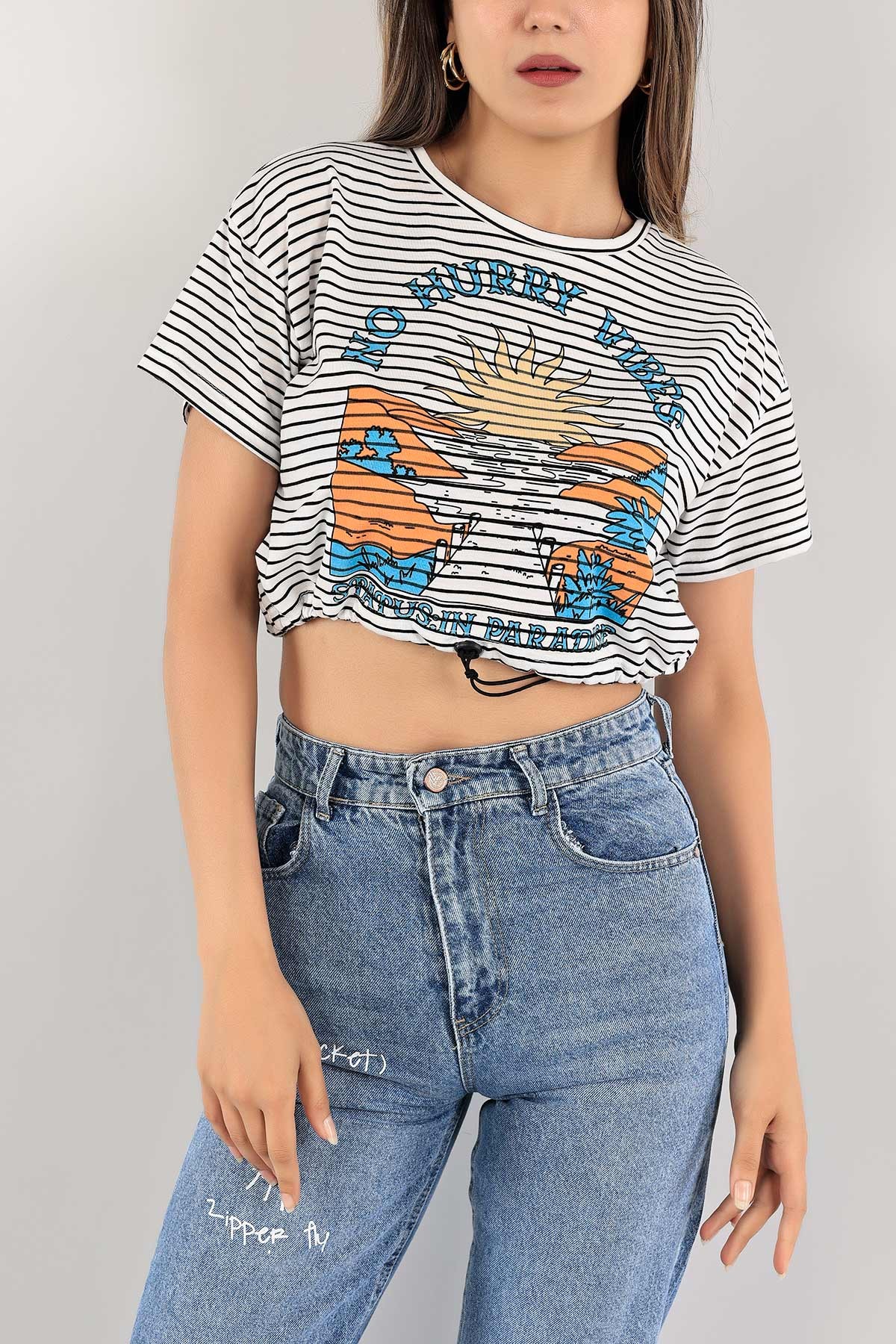 Beyaz Çizgili Crop Tişört 120898