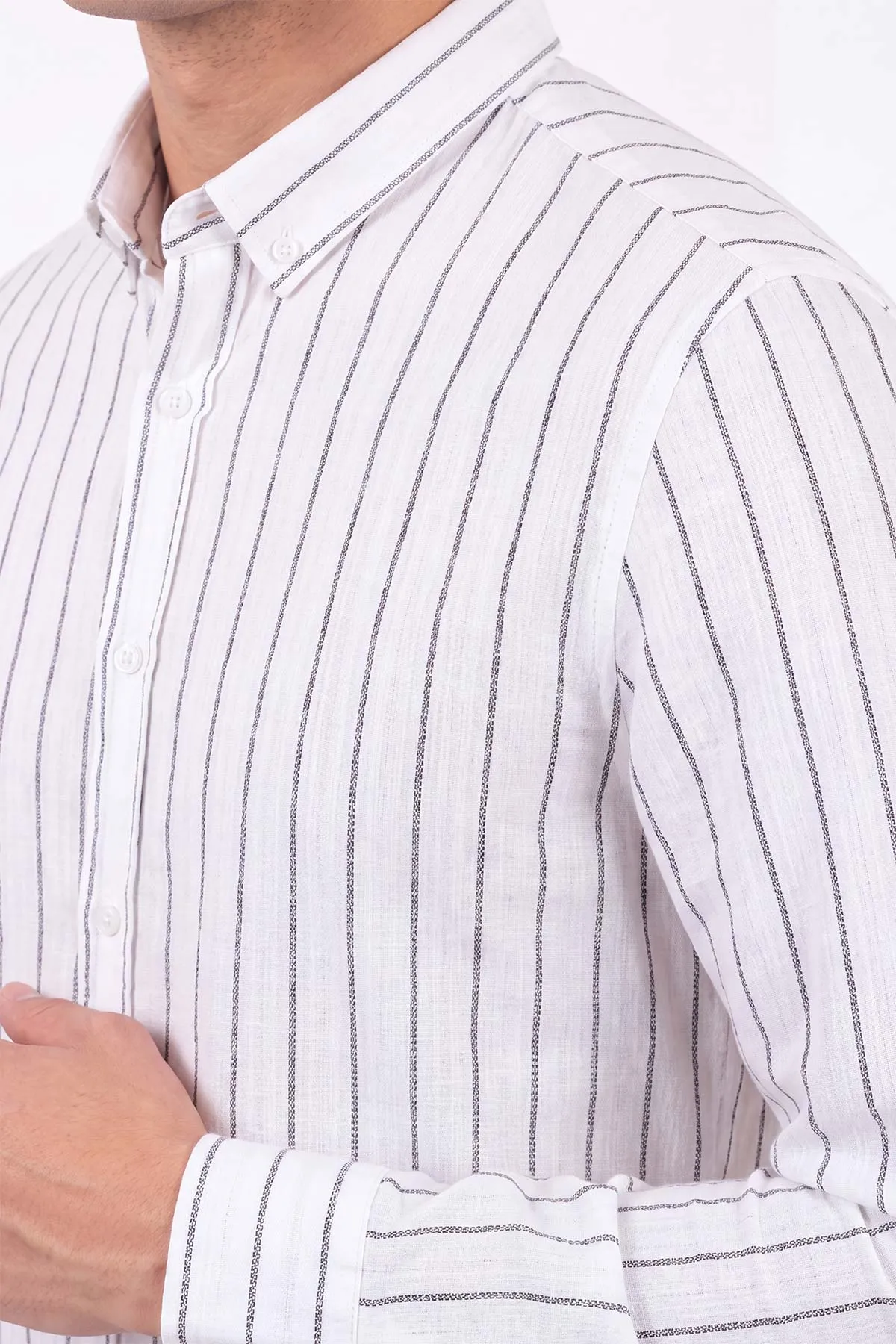 Beyaz Çizgili Keten Uzun Kol Erkek Gömlek 471851