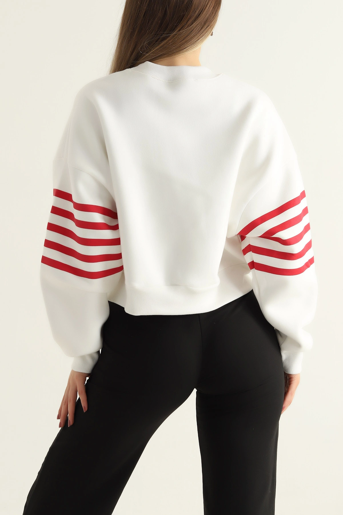Beyaz Çizgili Şardonlu İki İp Bayan Sweat 303894