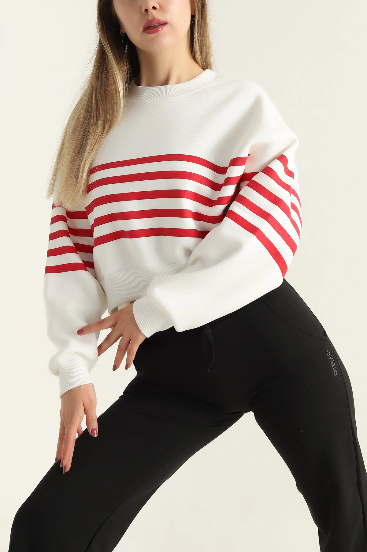 Beyaz Çizgili Şardonlu İki İp Bayan Sweat 303894