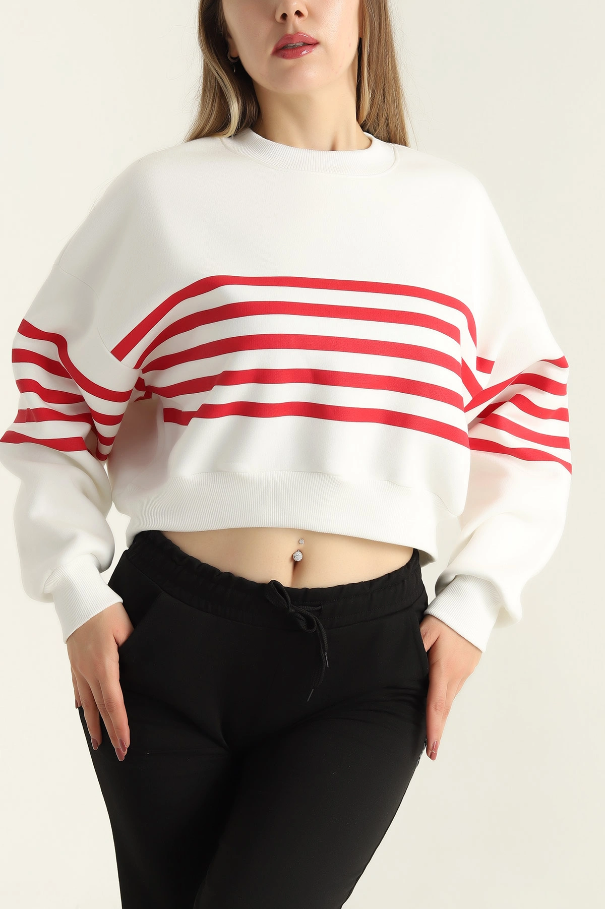 Beyaz Çizgili Şardonlu İki İp Bayan Sweat 303894