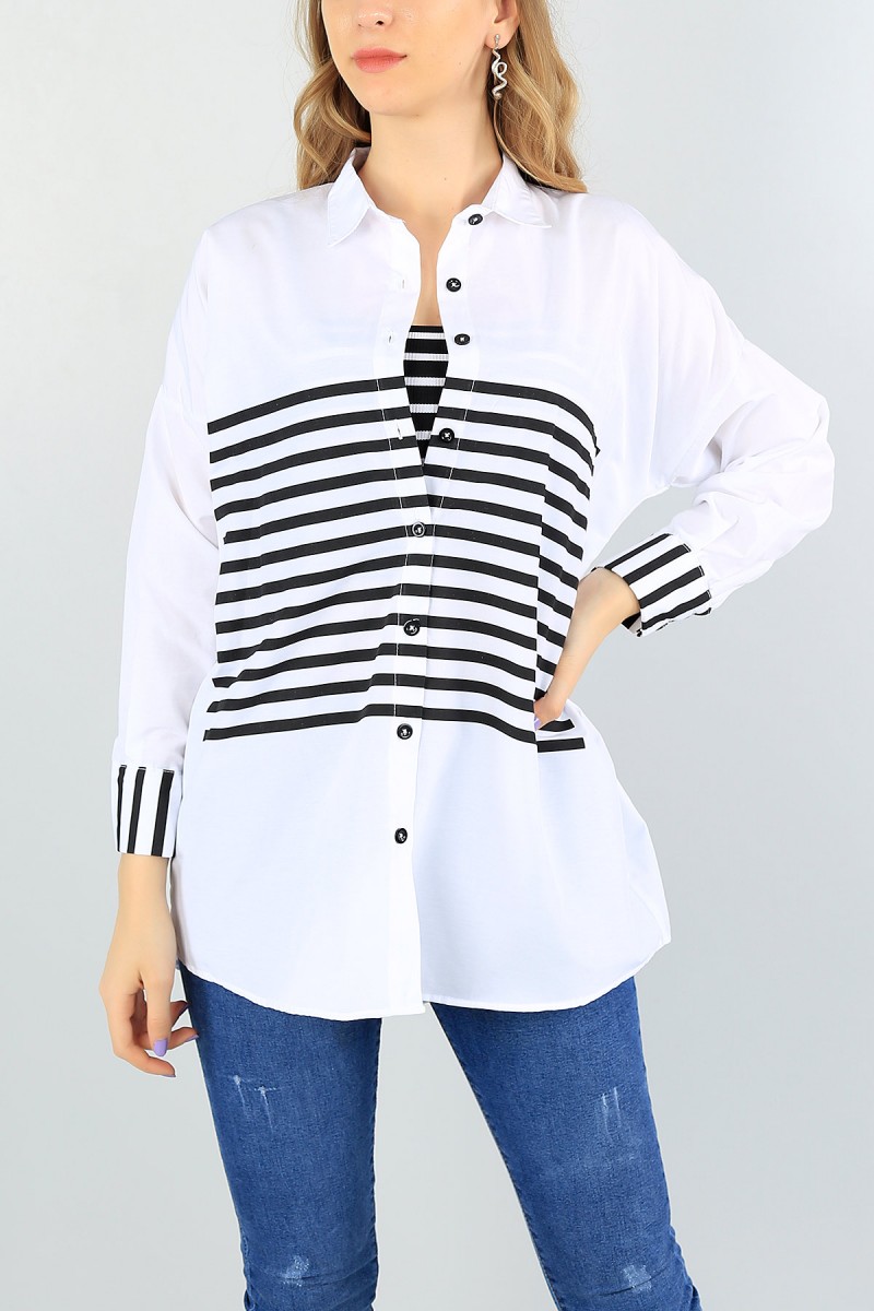 Beyaz Çizgili Tasarım Gömlek Tunik 57894