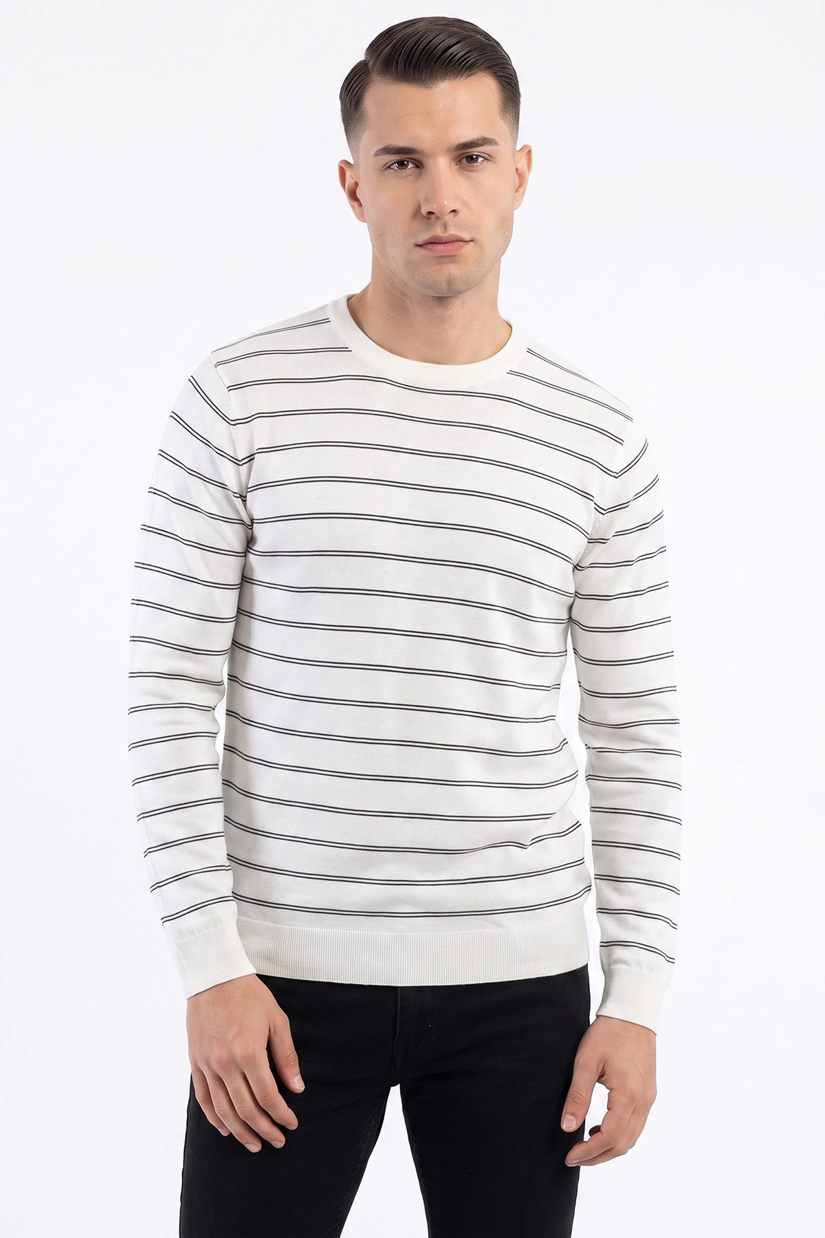 Beyaz Çizgili Viskon Triko Erkek Sweatshirt 482857