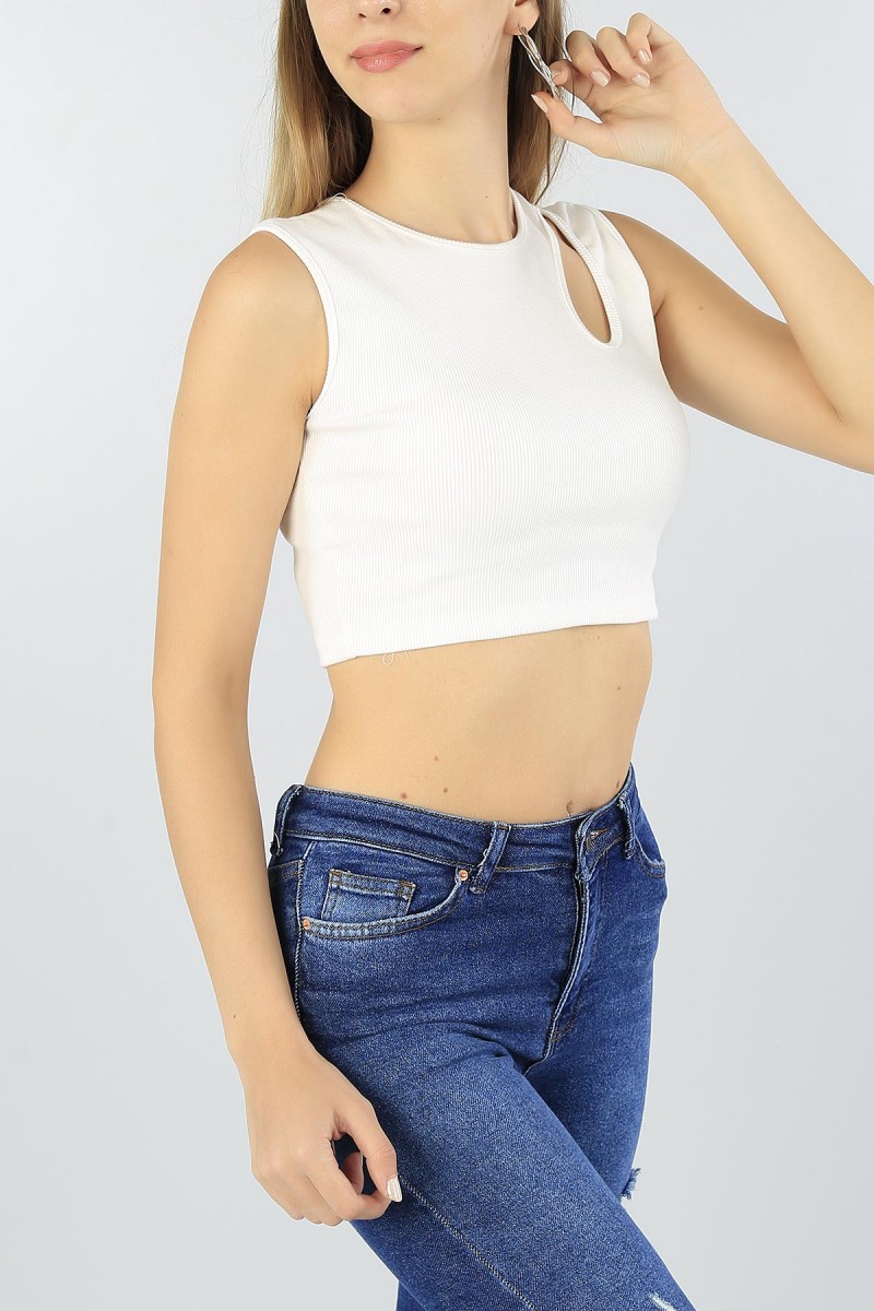Beyaz Damla Yaka Bayan Crop Atlet 47213