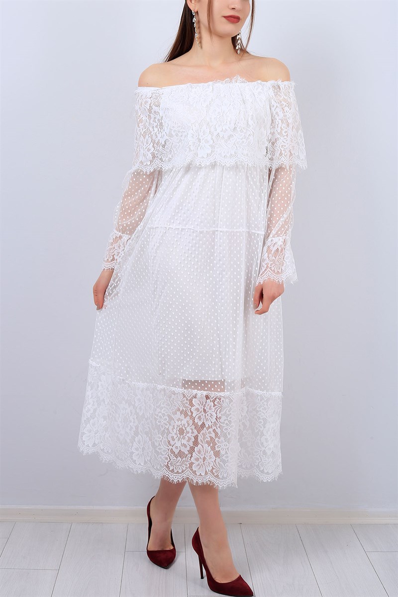 Beyaz Dantel Detaylı Bayan Tül Elbise 12870B
