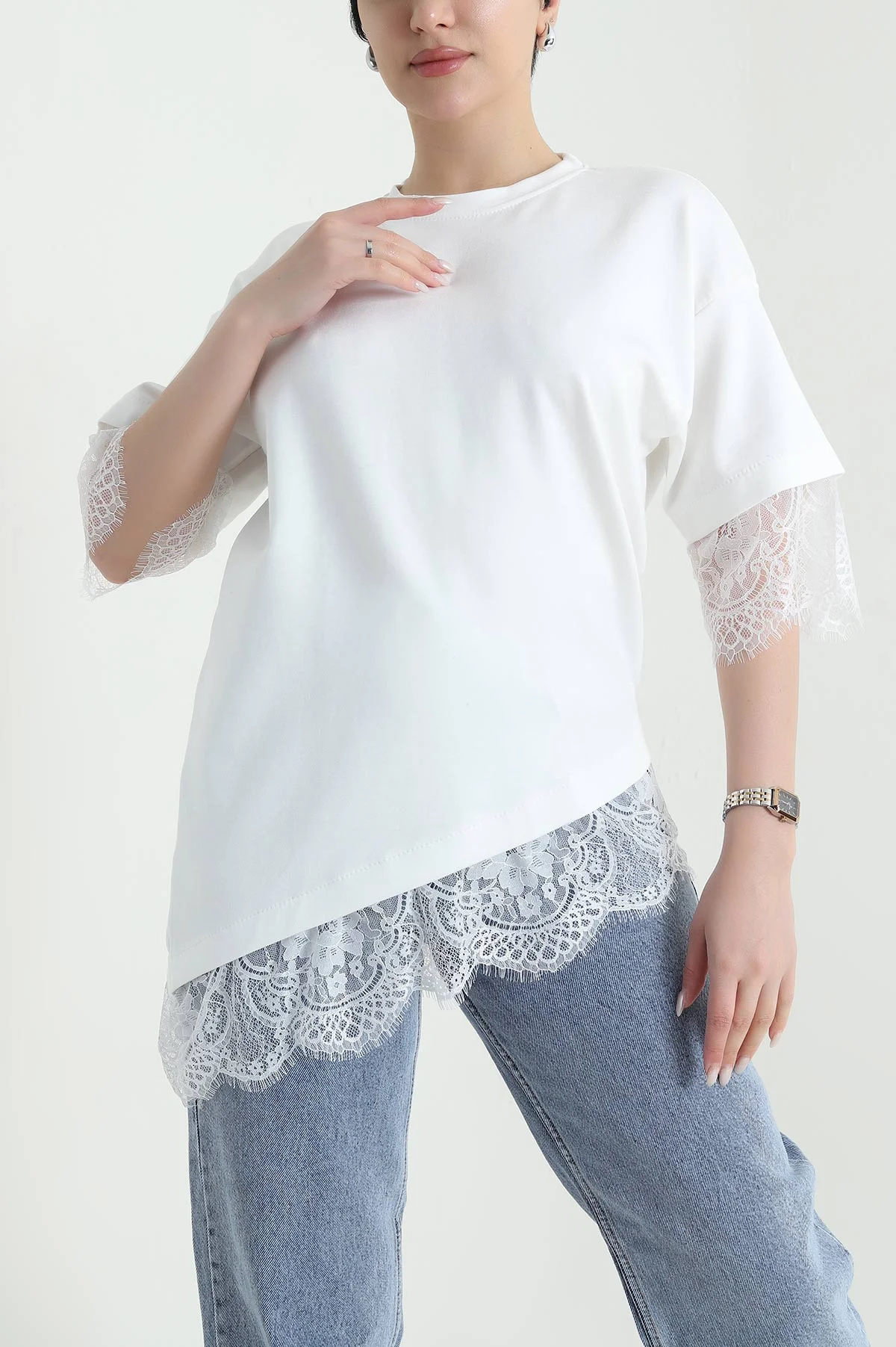 Beyaz Dantelli Modal Kadın Bluz 450554