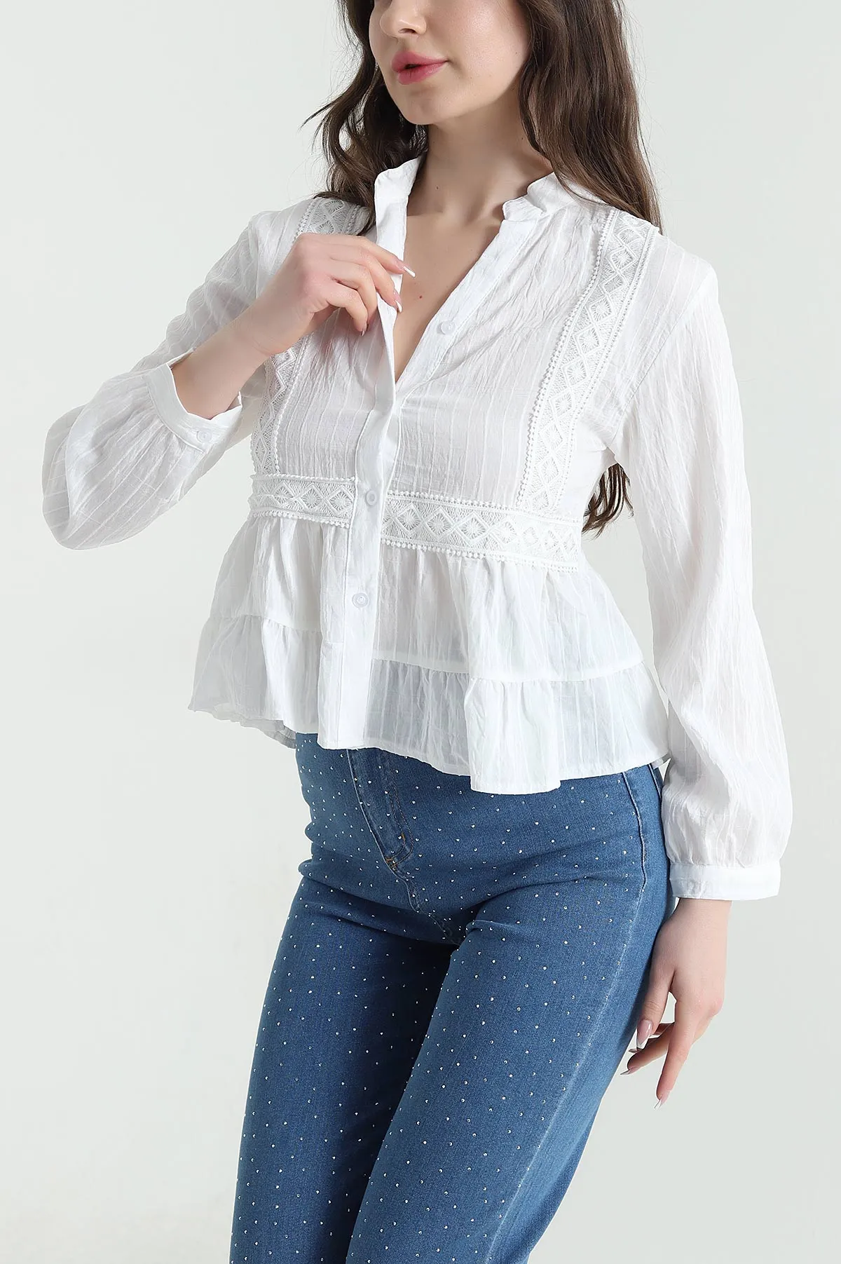 Beyaz Dantelli Tencel Kadın Gömlek 455176