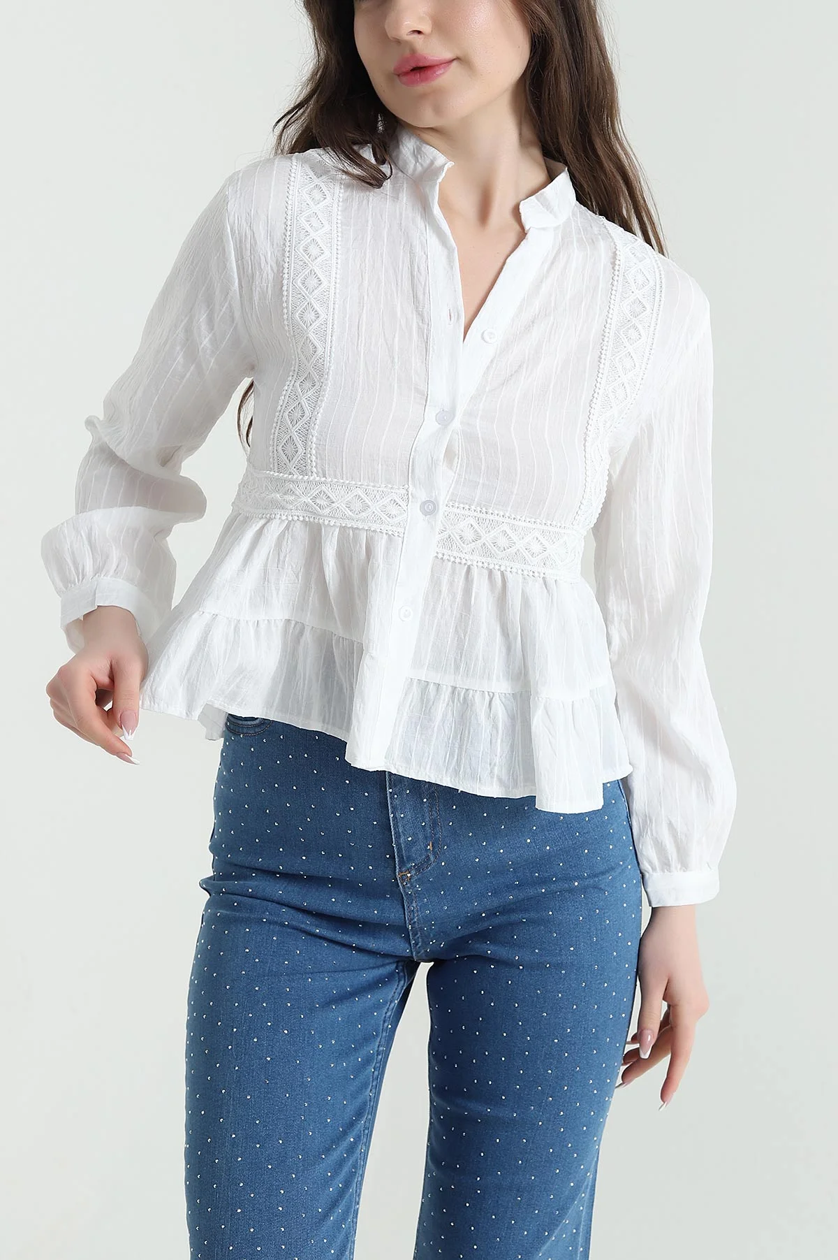 Beyaz Dantelli Tencel Kadın Gömlek 455176