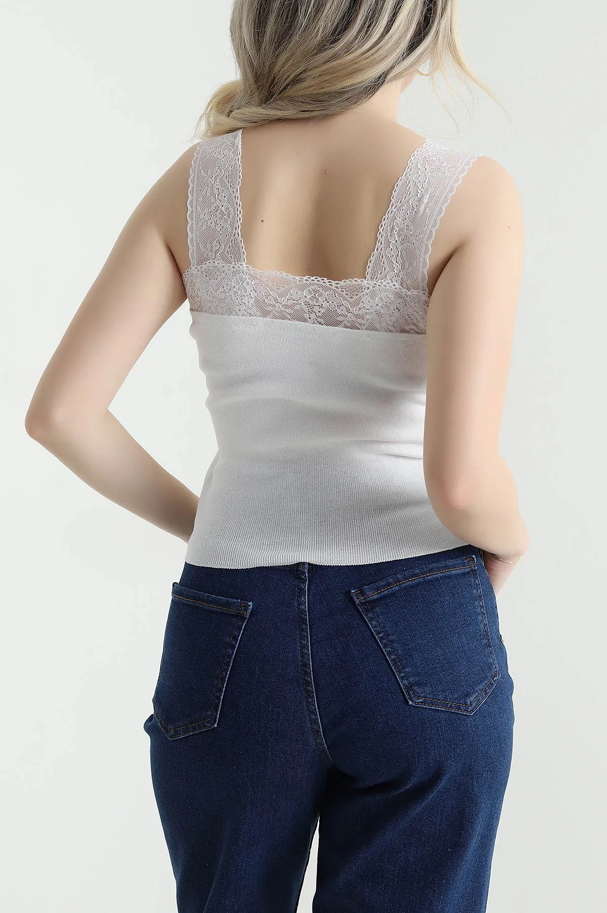 Beyaz Dantelli Triko Kadın Atlet 456801