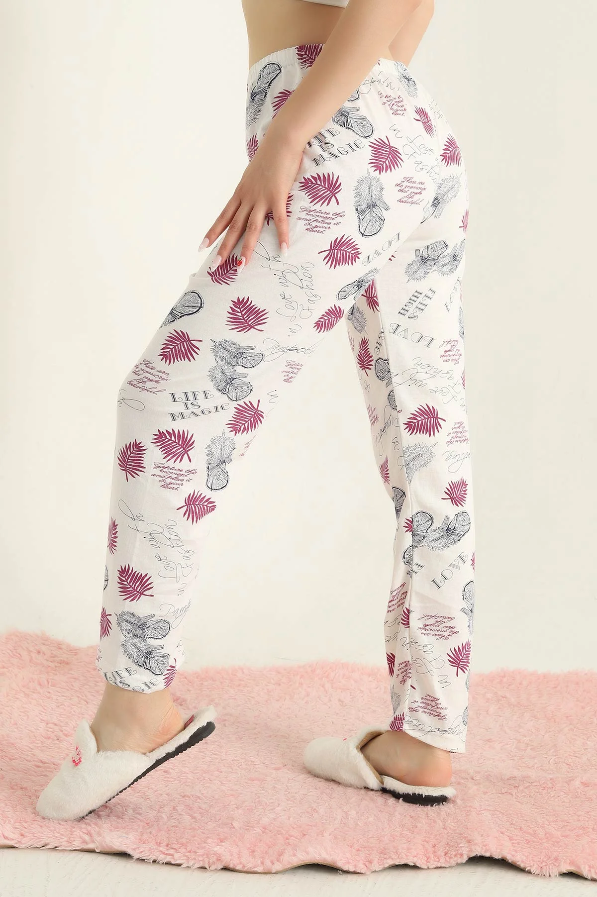 Beyaz Desenli Beli Lastikli Pijama Altı 288751