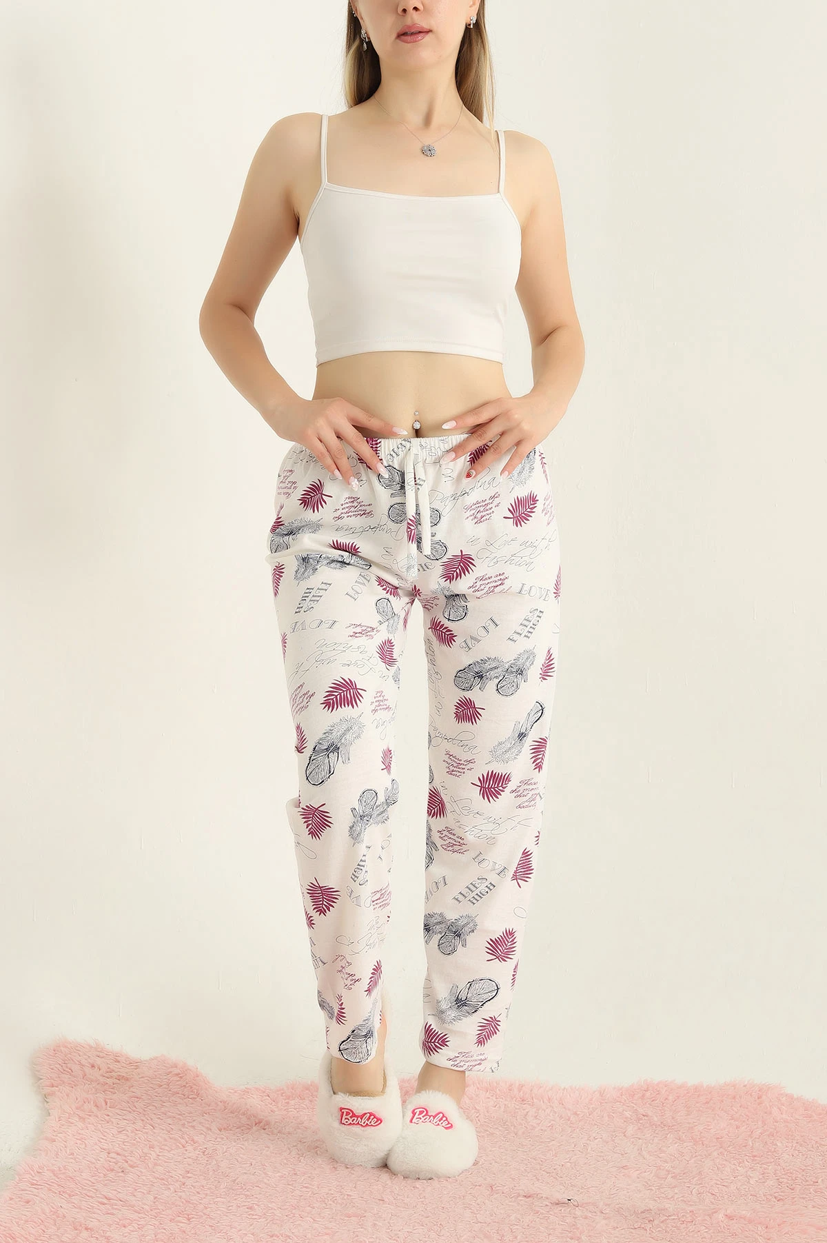 Beyaz Desenli Beli Lastikli Pijama Altı 288751