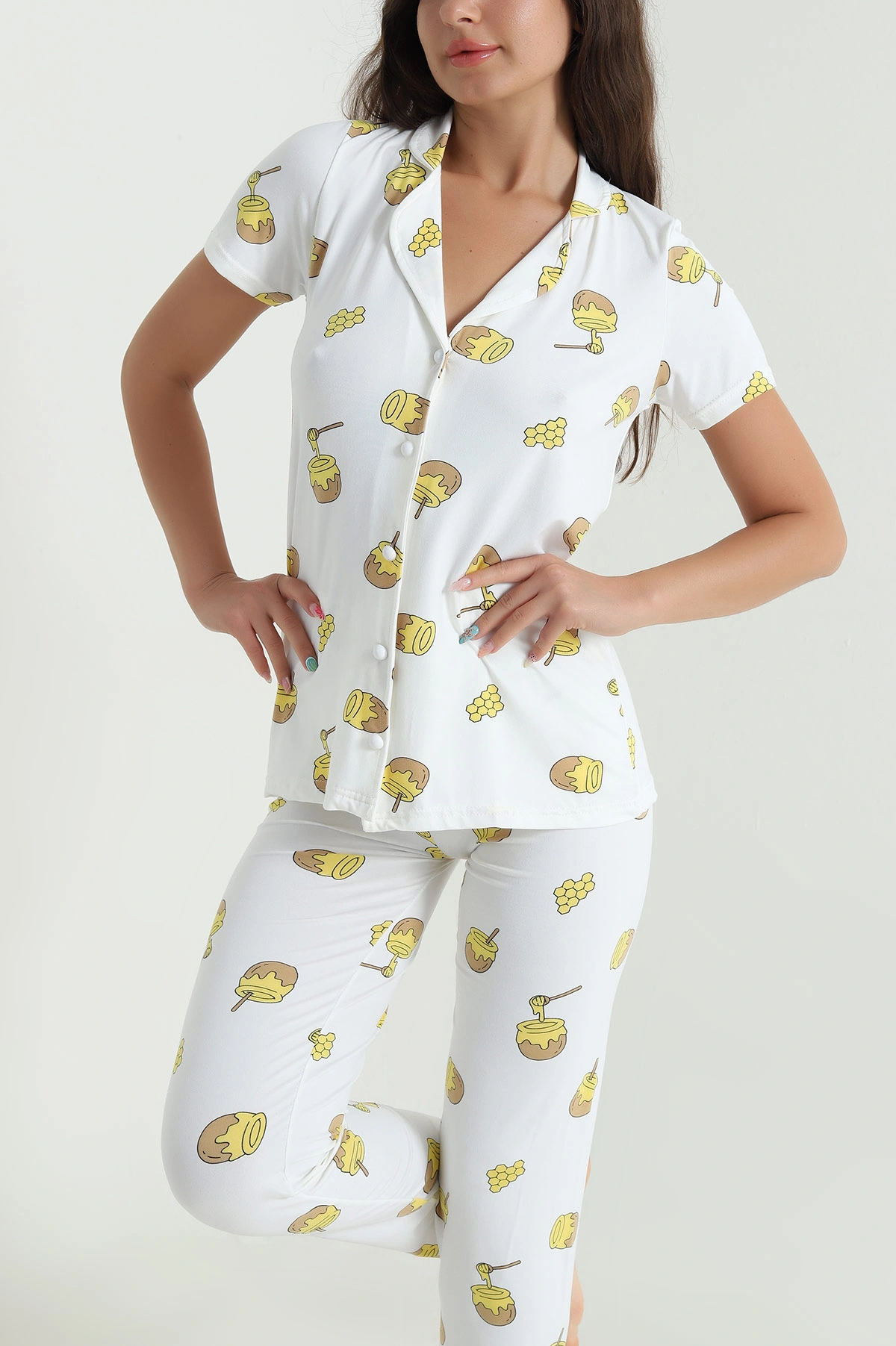 Beyaz Desenli Kadın Pijama Takımı 466609