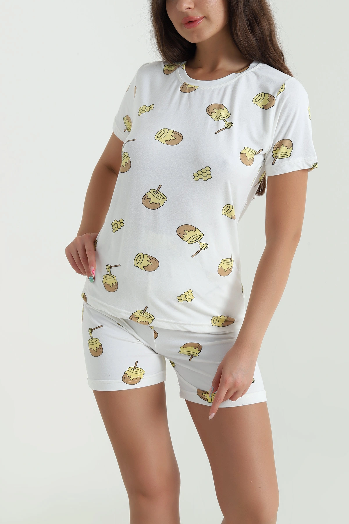 Beyaz Desenli Kadın Şortlu Pijama Takım 466508