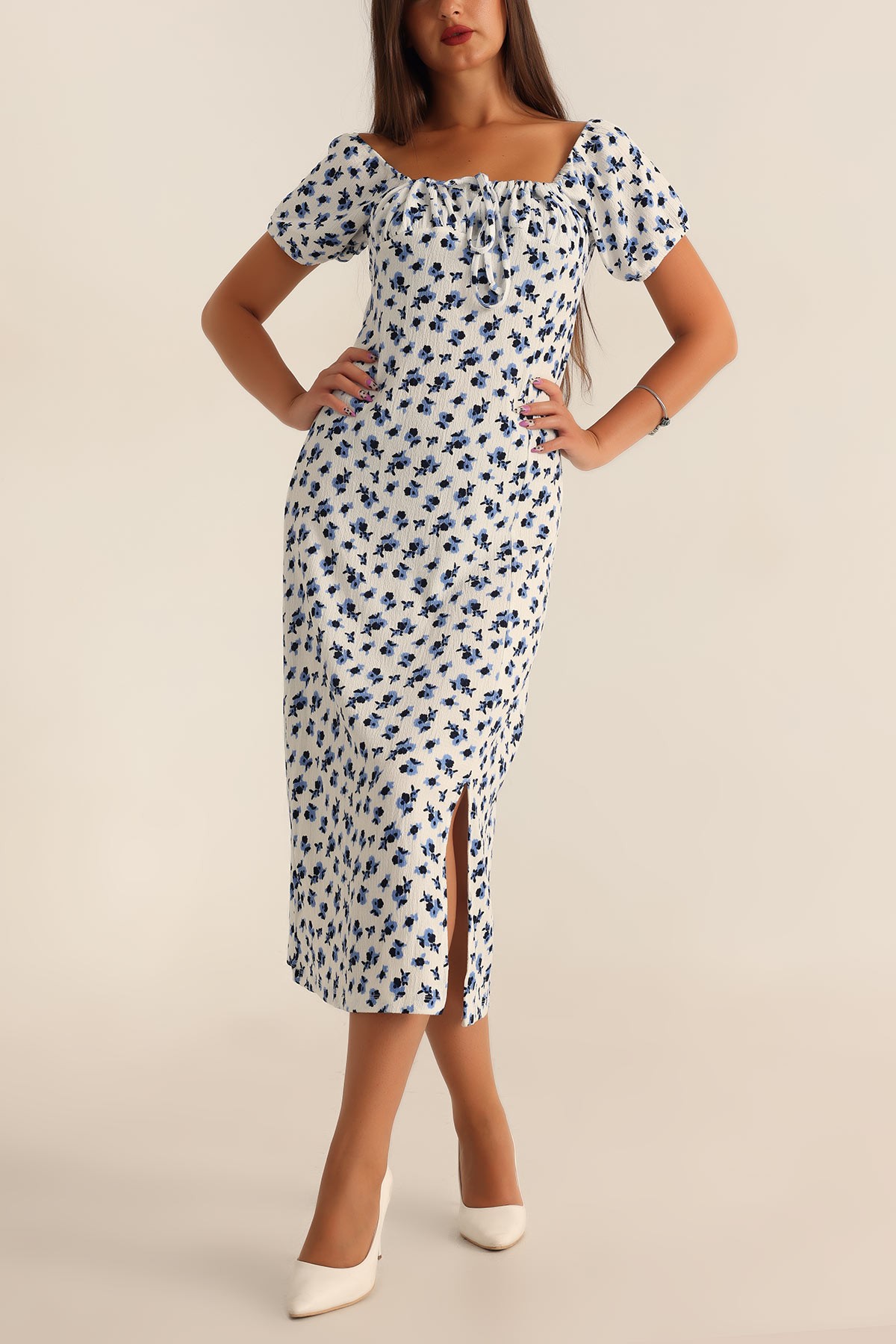 Beyaz Desenli Okyanus Kumaş Elbise 191167