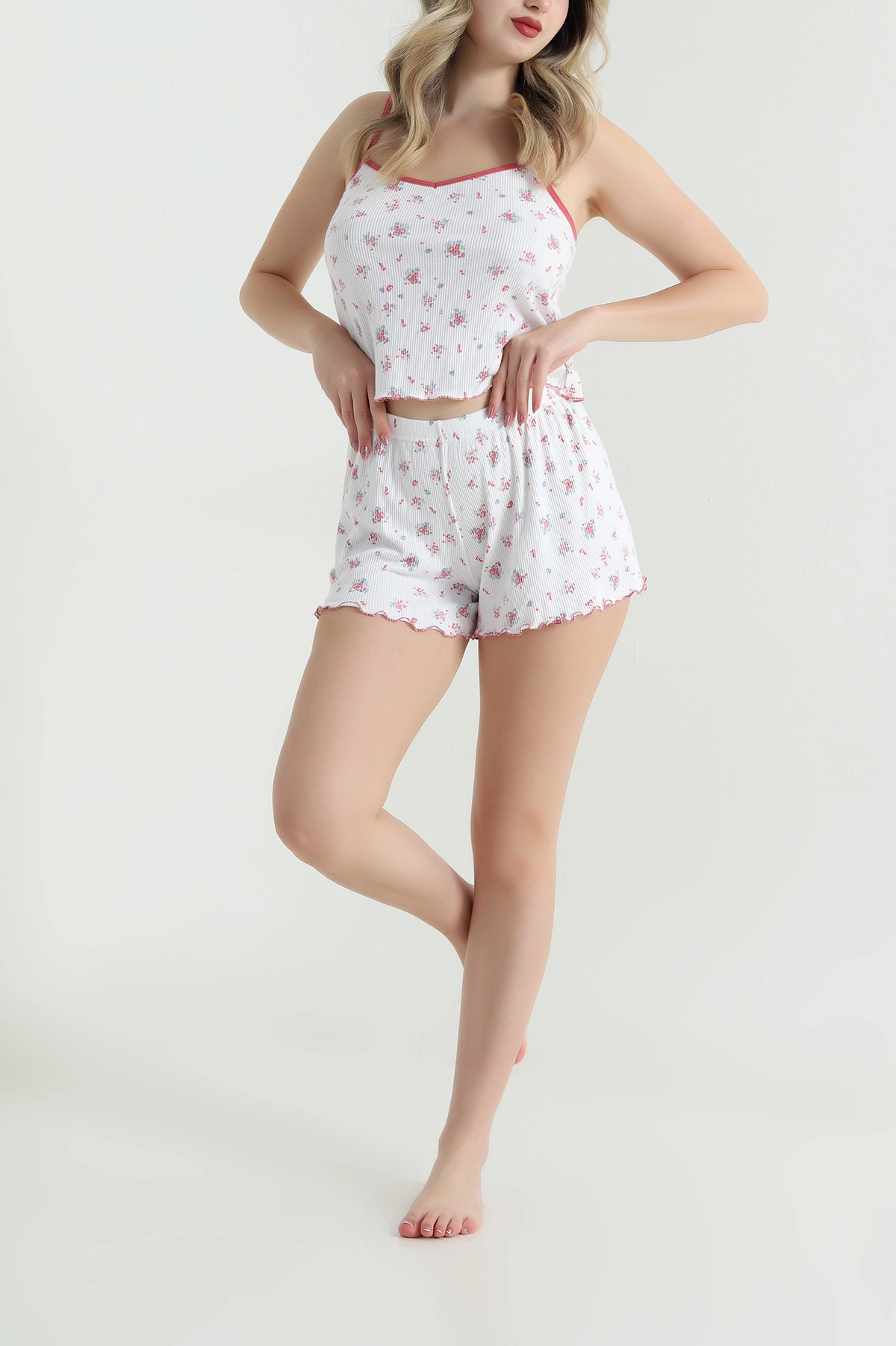 Beyaz Desenli Şortlu Kadın Pijama Takımı 466349