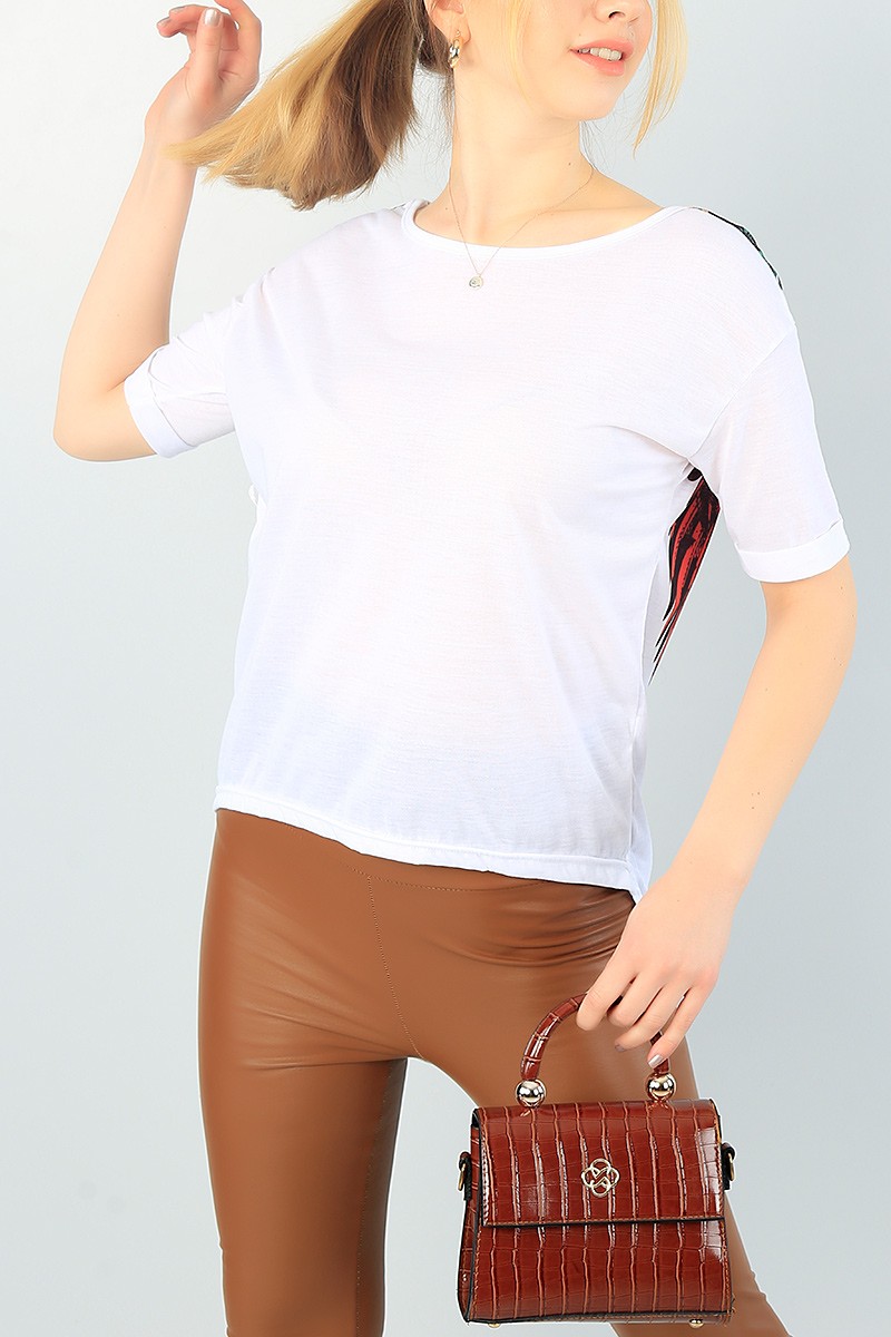 Beyaz Desenli Zincir Detay Bluz 65953