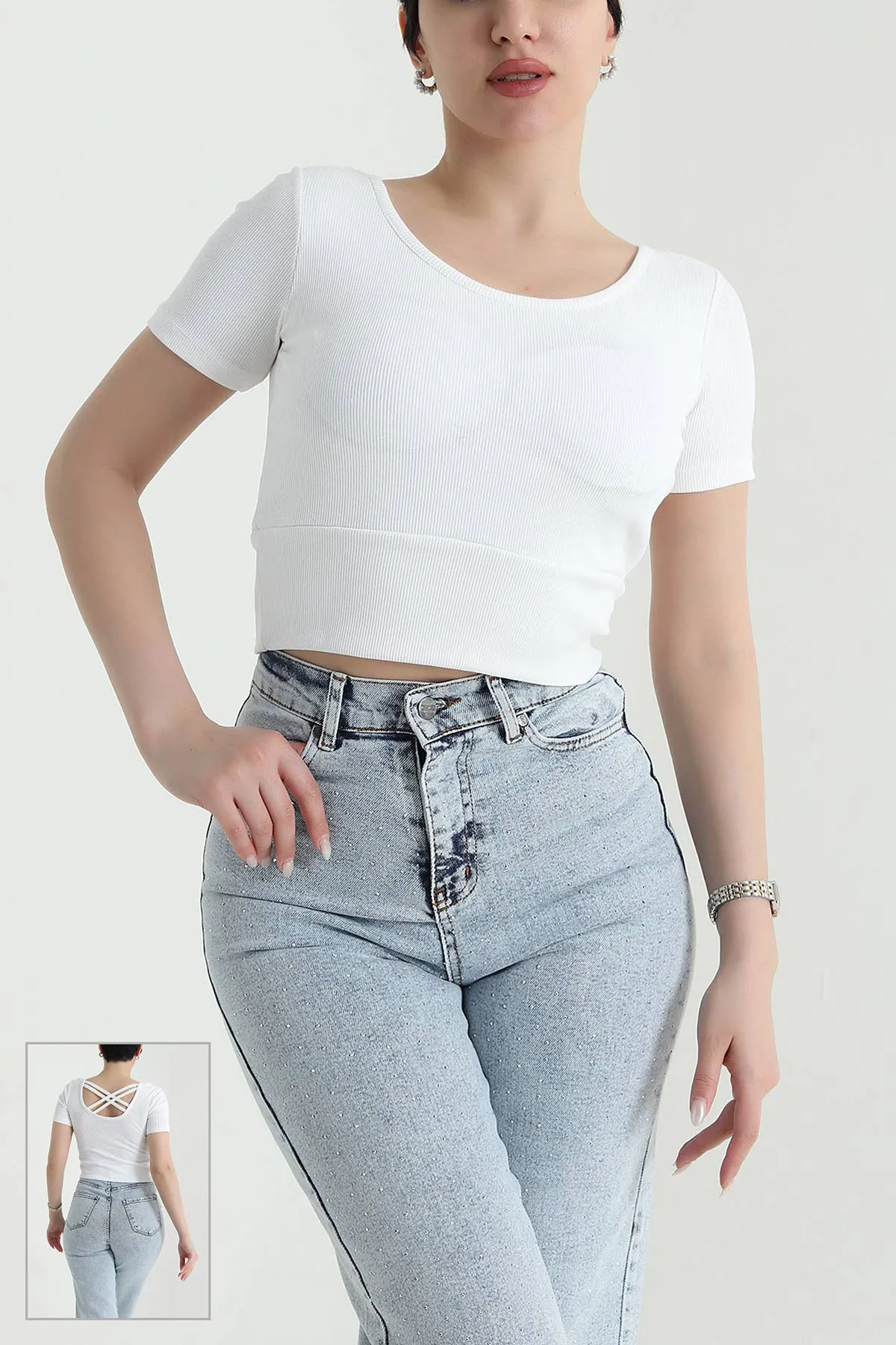 Beyaz Destekli Çapraz Askılı Fitilli Kadın Bluz 451154