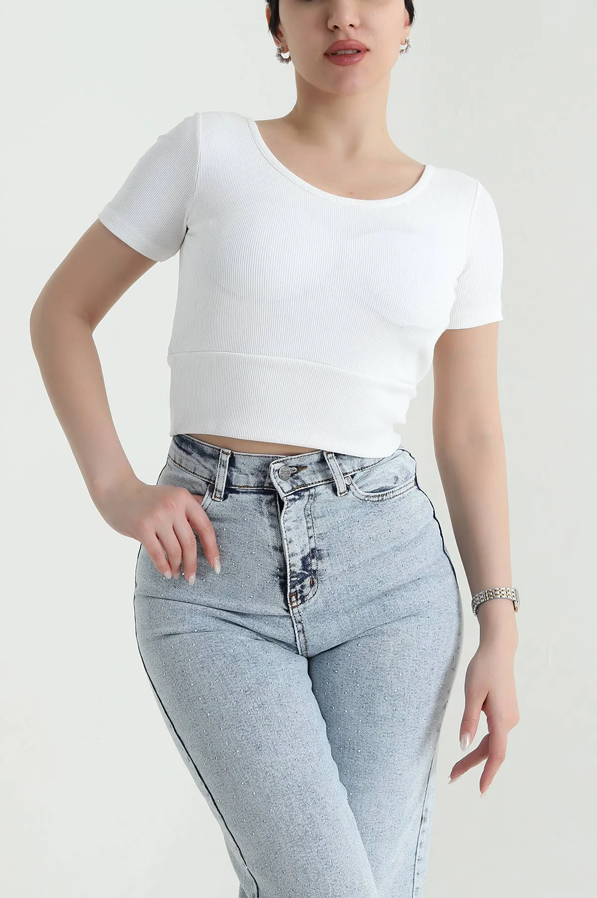Beyaz Destekli Çapraz Askılı Fitilli Kadın Bluz 451154