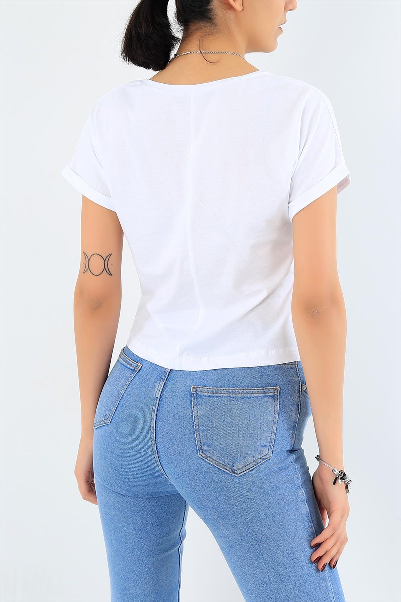 Beyaz Duble Kol Crop Tişört 29694B