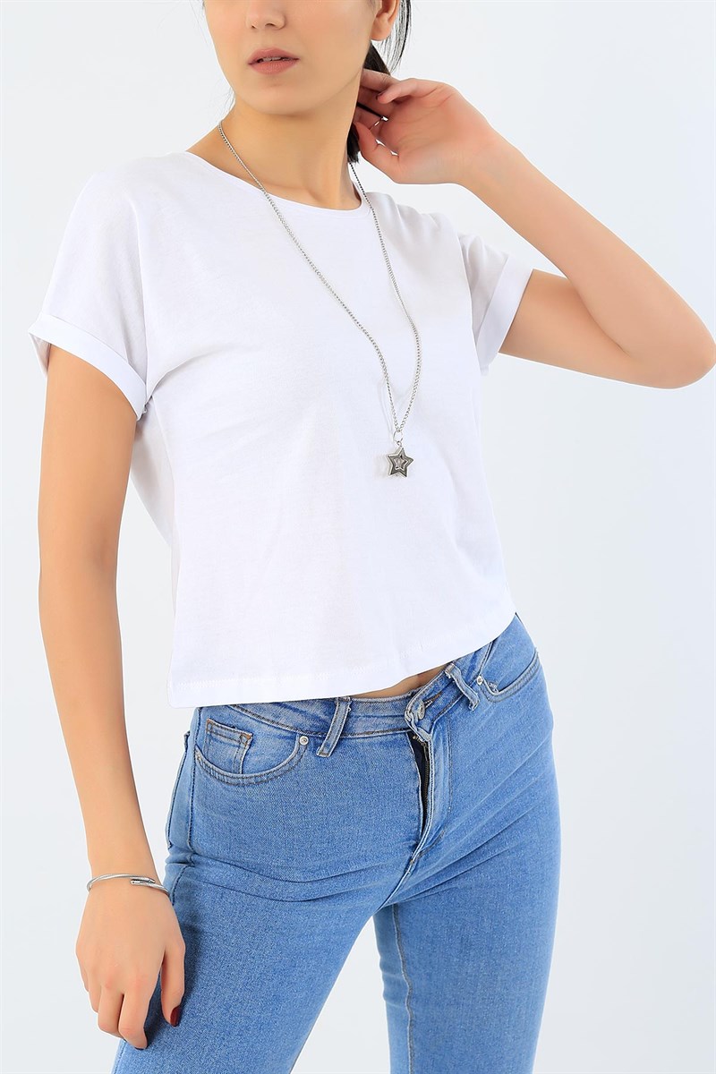Beyaz Duble Kol Crop Tişört 29694B