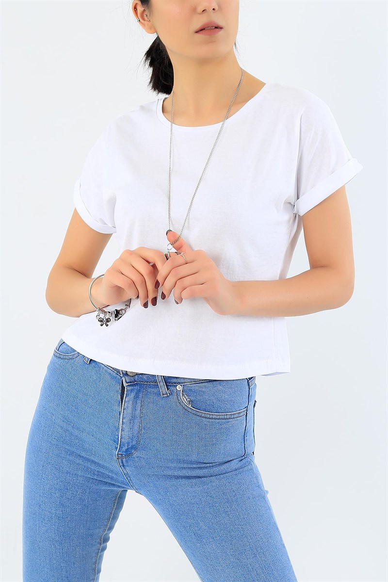 Beyaz Duble Kol Crop Tişört 29694B