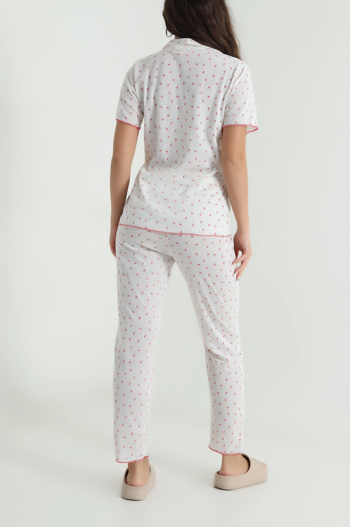 Beyaz Düğmeli Pointel Kadın Pijama Takımı 482598