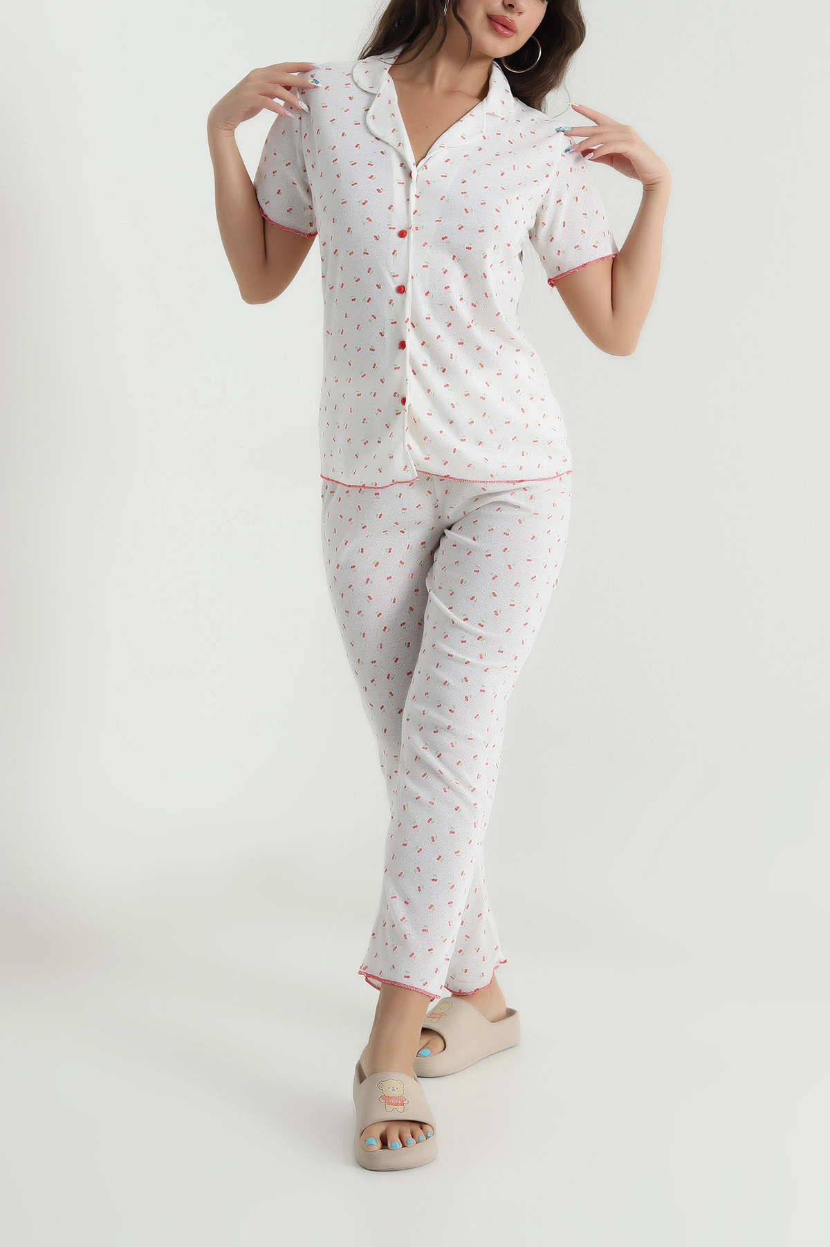 Beyaz Düğmeli Pointel Kadın Pijama Takımı 482598