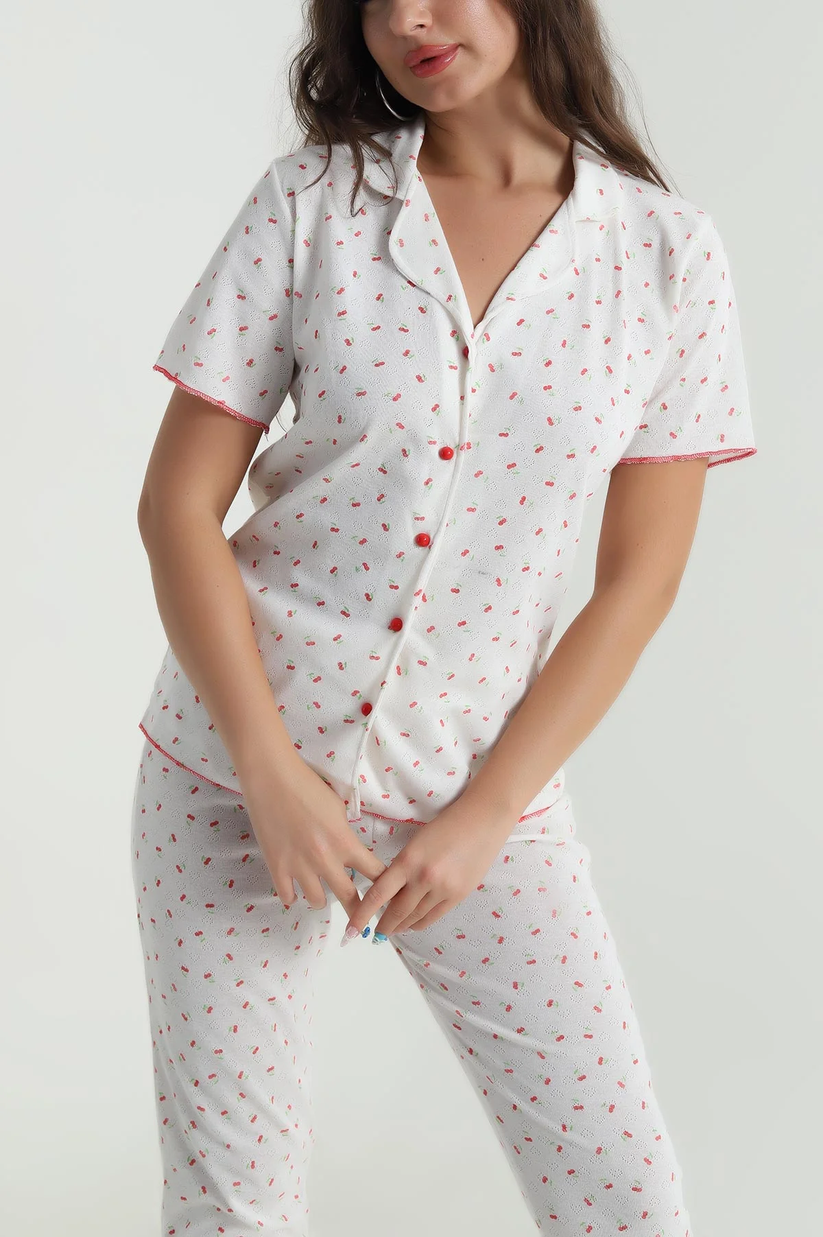 Beyaz Düğmeli Pointel Kadın Pijama Takımı 482598