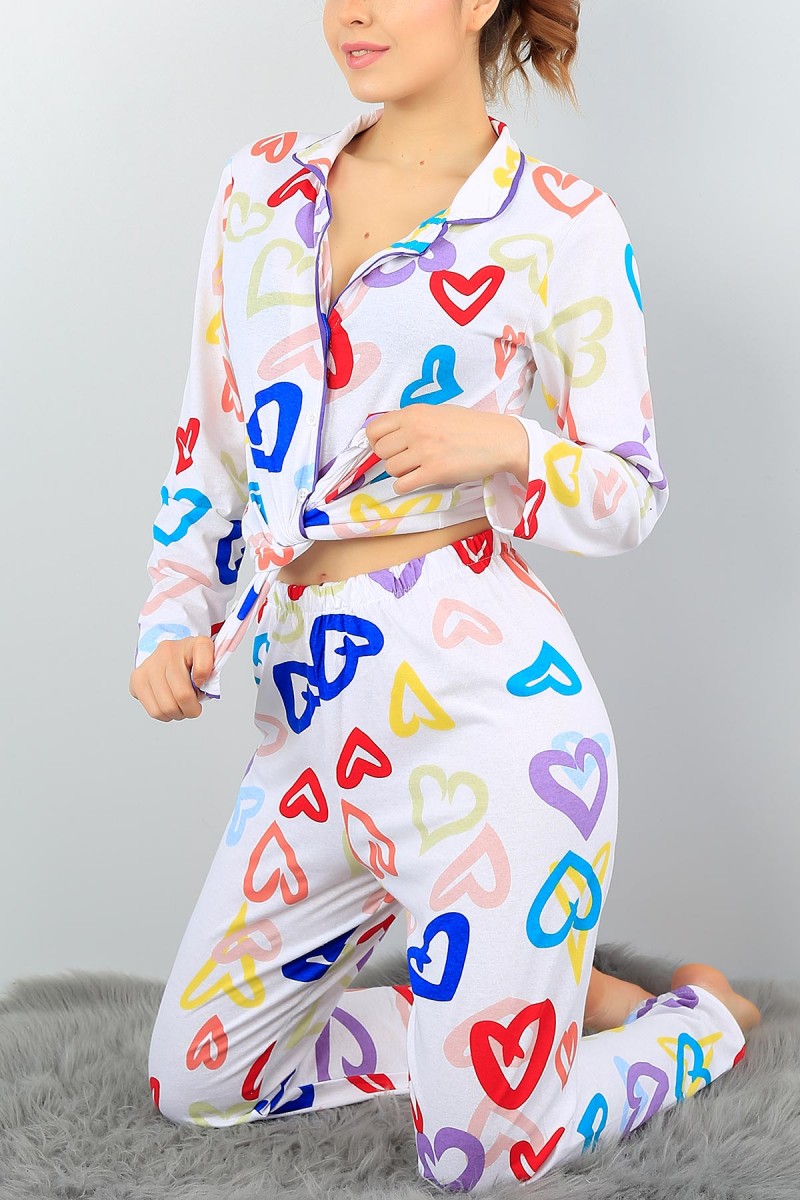 Beyaz Düğmeli Tasarım Bayan Pijama Takımı 57577