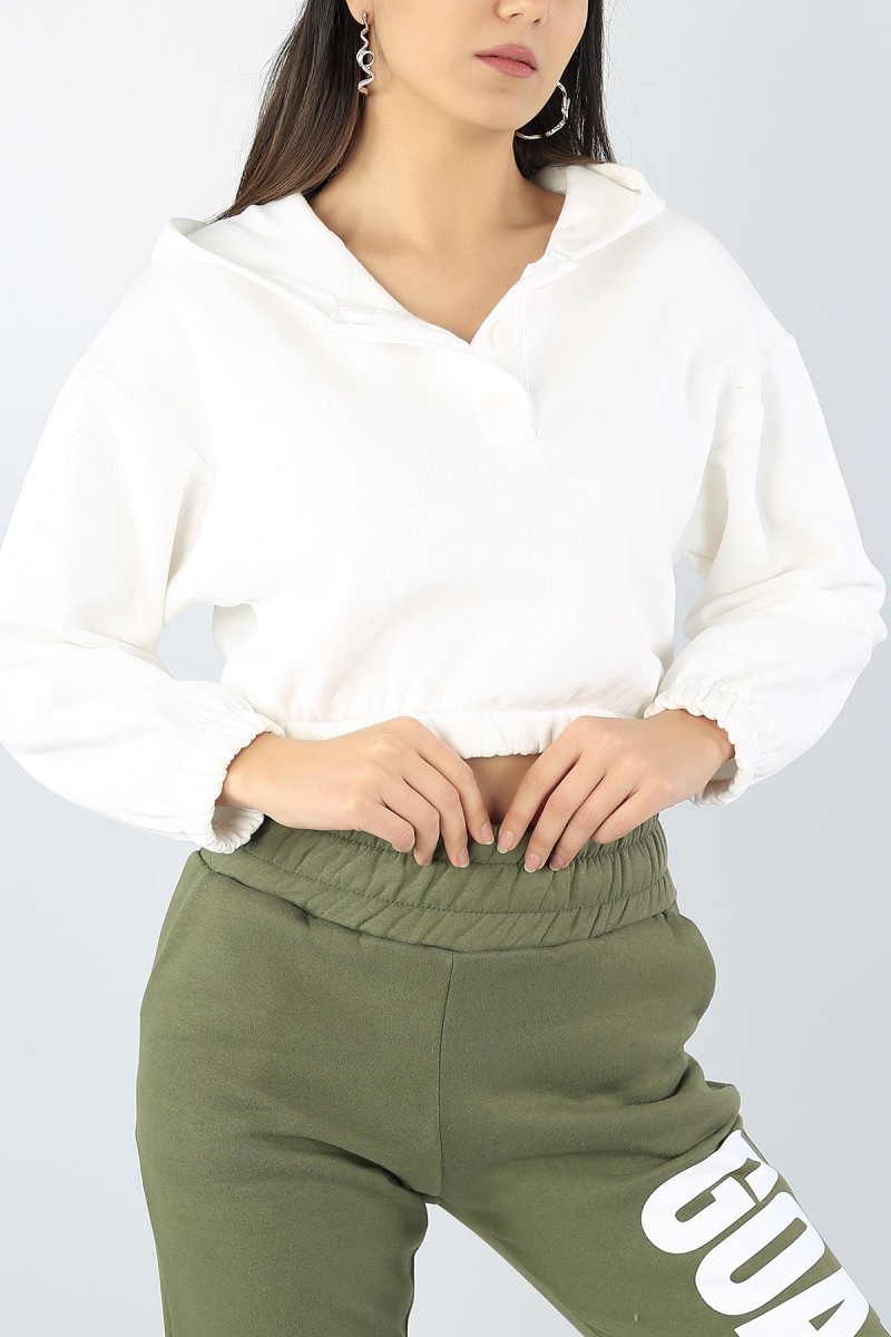 Beyaz Düğmeli Tasarım Bayan Üç İp Sweat 53558