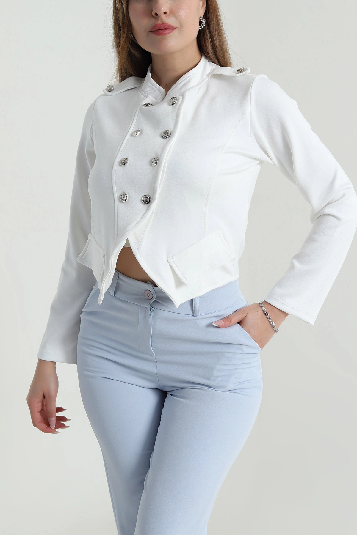 Beyaz Düğmeli Tasarım Modal Kadın Ceket 488351