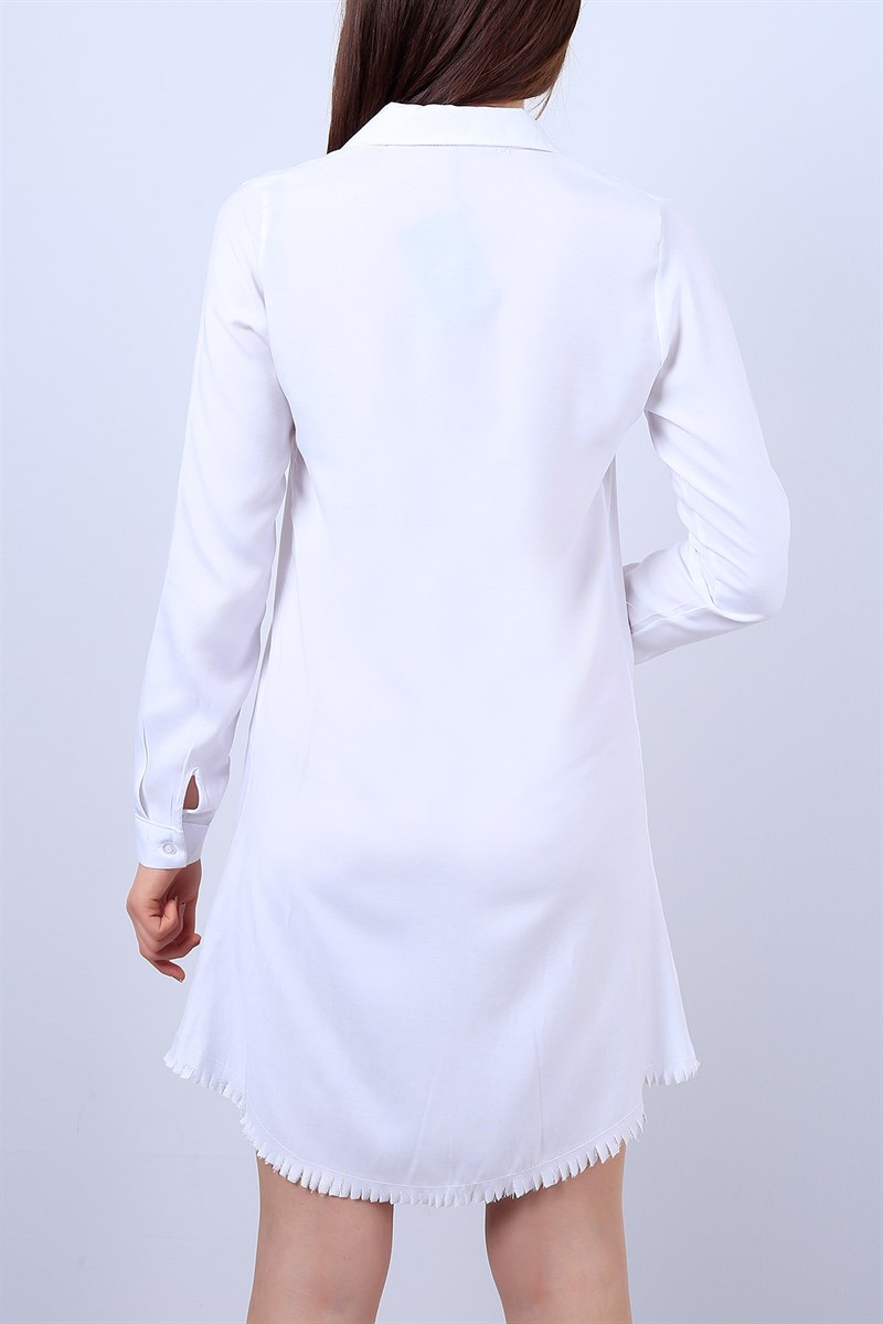 Beyaz Eteği Püsküllü Bayan Gömlek Elbise 11282B