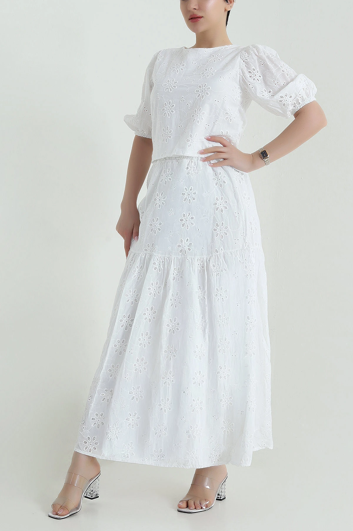 Beyaz Etek Bluz Brodeli Keten Kadın İkili Takım 459989