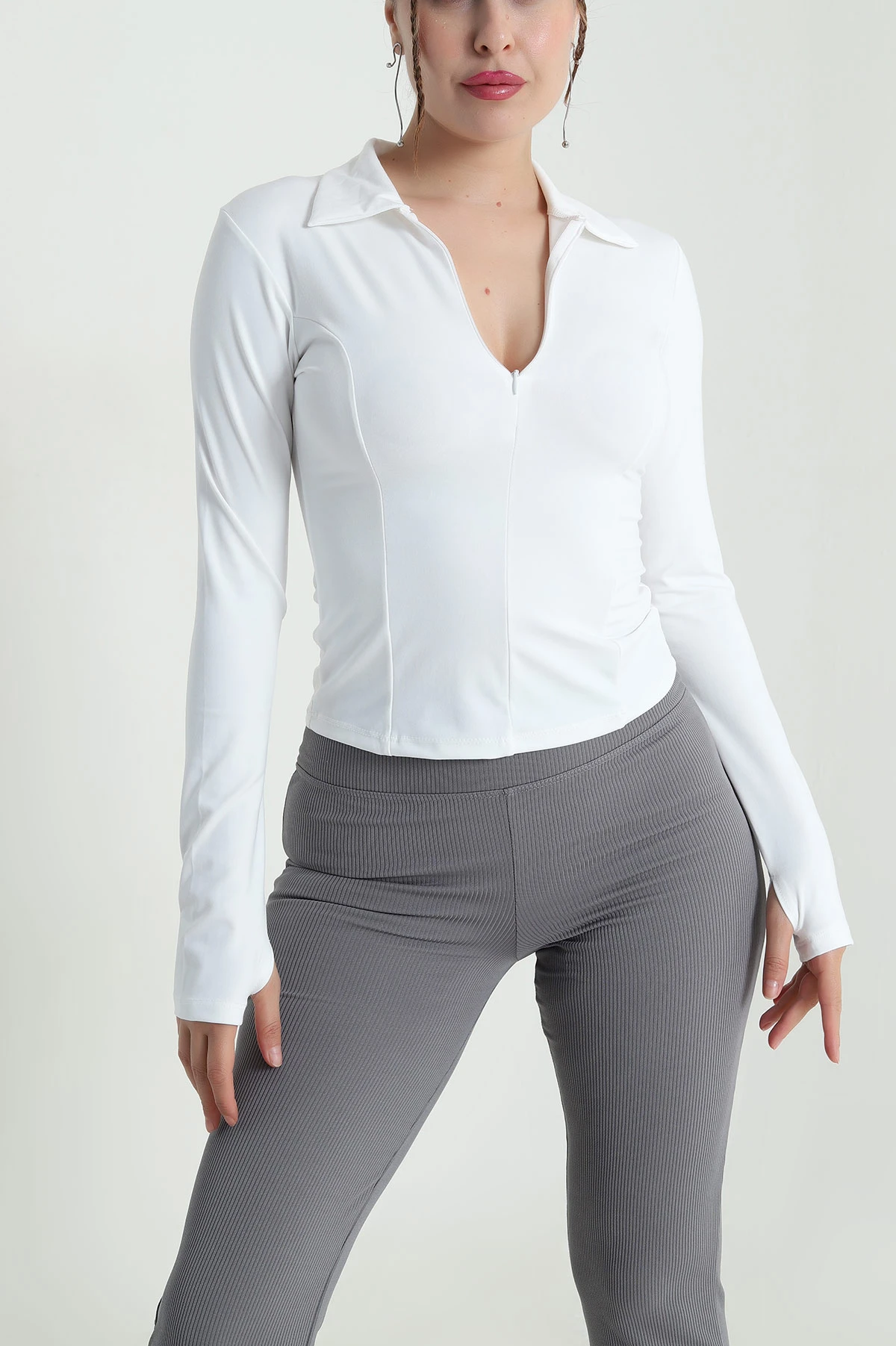Beyaz Fermuarlı Belize Kadın Bluz 482779