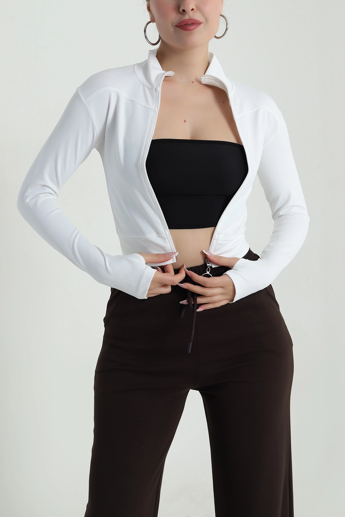 Beyaz Fermuarlı Dalgıç Kadın Sweat 488001