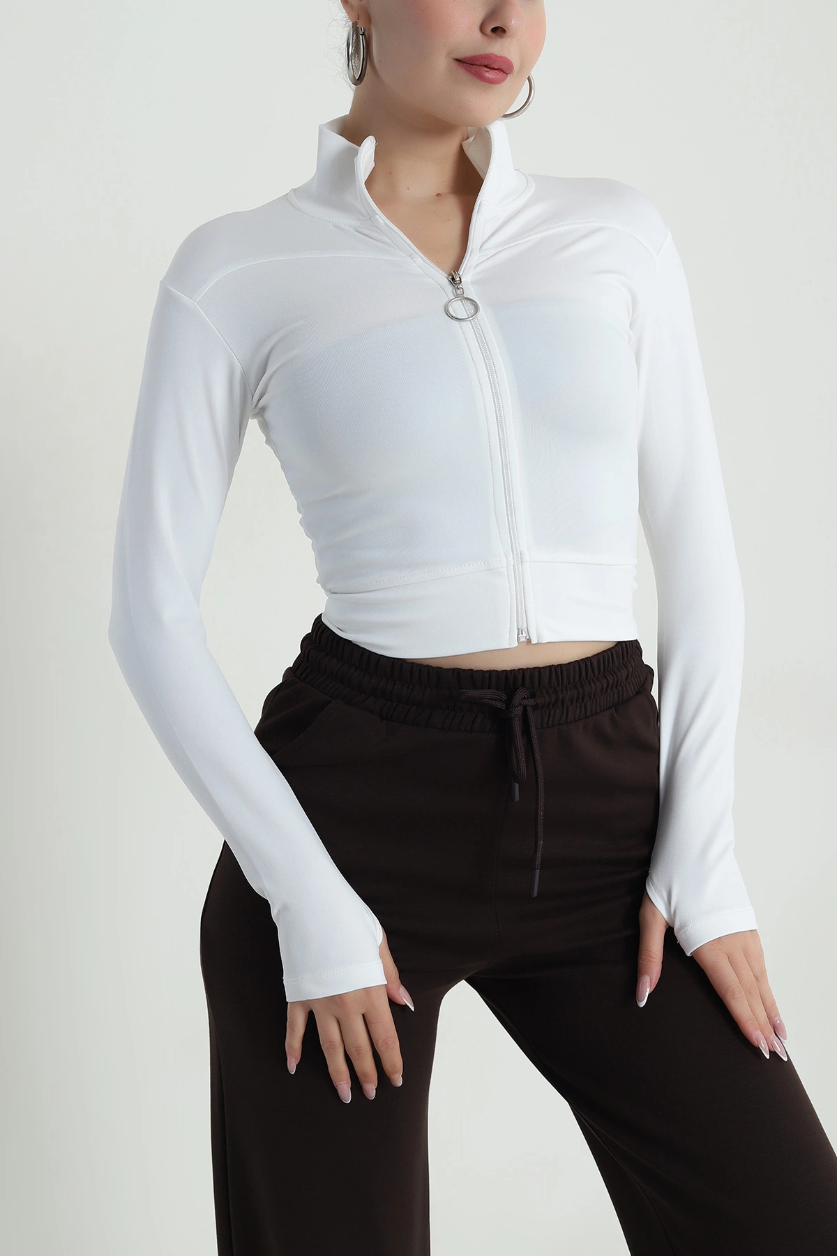 Beyaz Fermuarlı Dalgıç Kadın Sweat 488001
